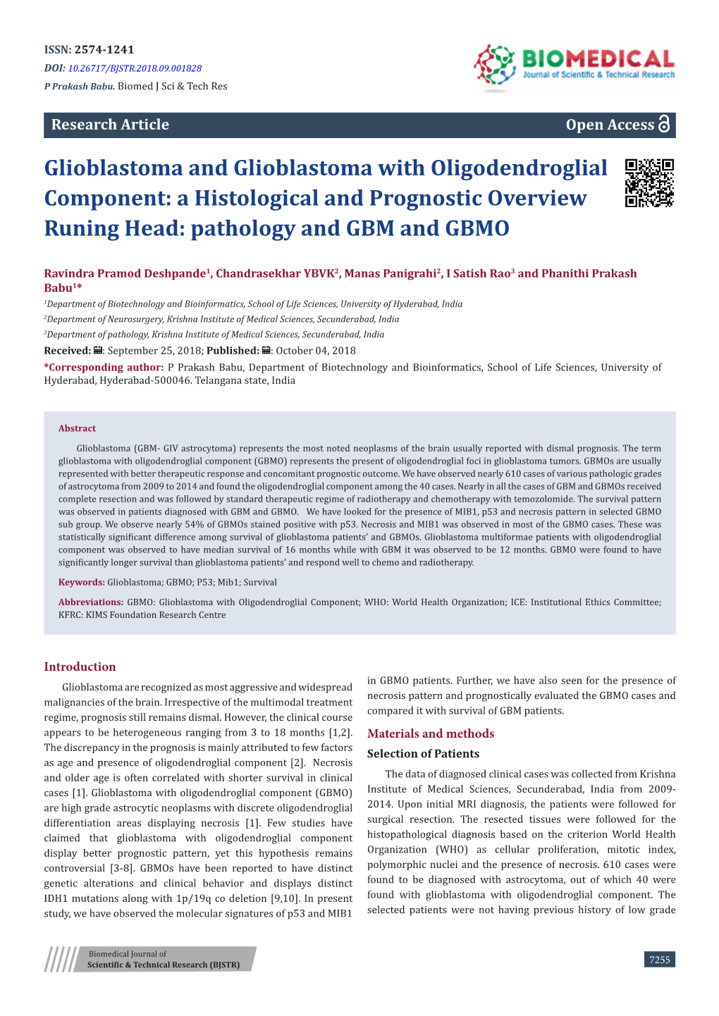 Glioblastoma and Glioblastoma with Oligodendroglial Component: a Histological and Prognostic Overview Runing Head: Pathology and GBM and GBMO