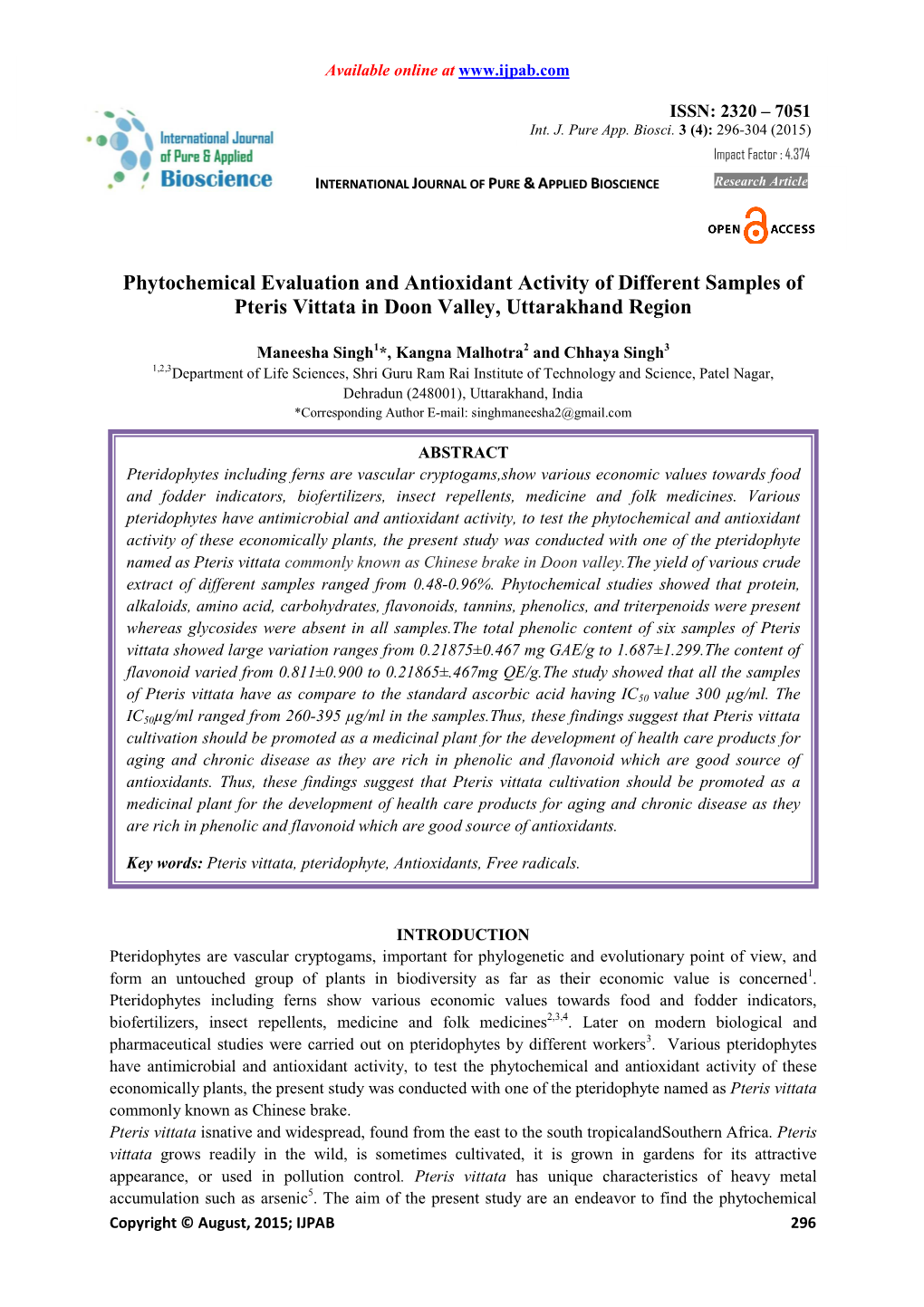 Phytochemical Evaluation and Antioxidant Activity of Different Samples of Pteris Vittata in Doon Valley, Uttarakhand Region