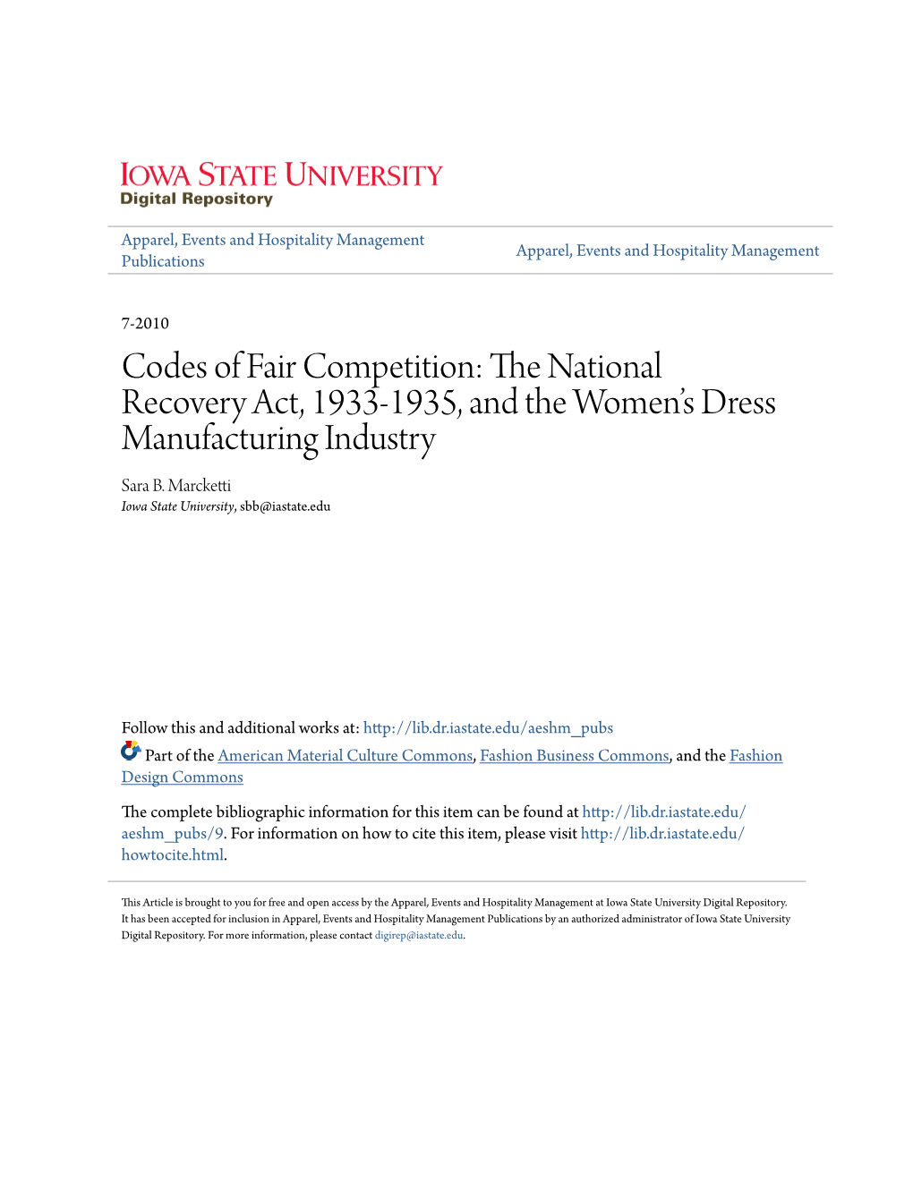 Codes of Fair Competition: the National Recovery Act, 1933-1935, and the Women's Dress Manufacturing Industry