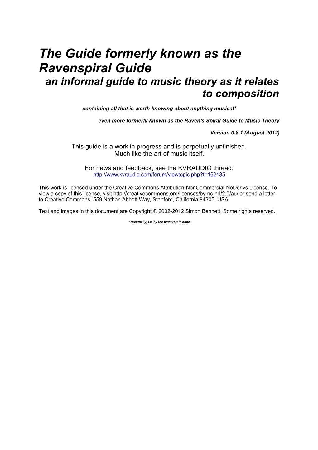 Ravenspiral Guide an Informal Guide to Music Theory As It Relates to Composition