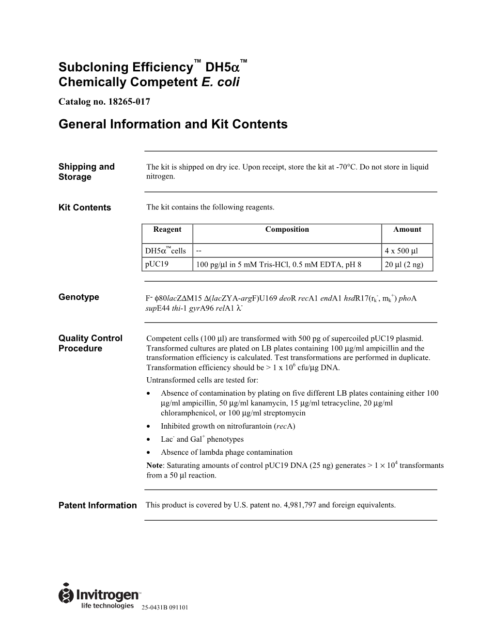 Subcloning Efficiency Dh5α™ Chemically Competent E. Coli