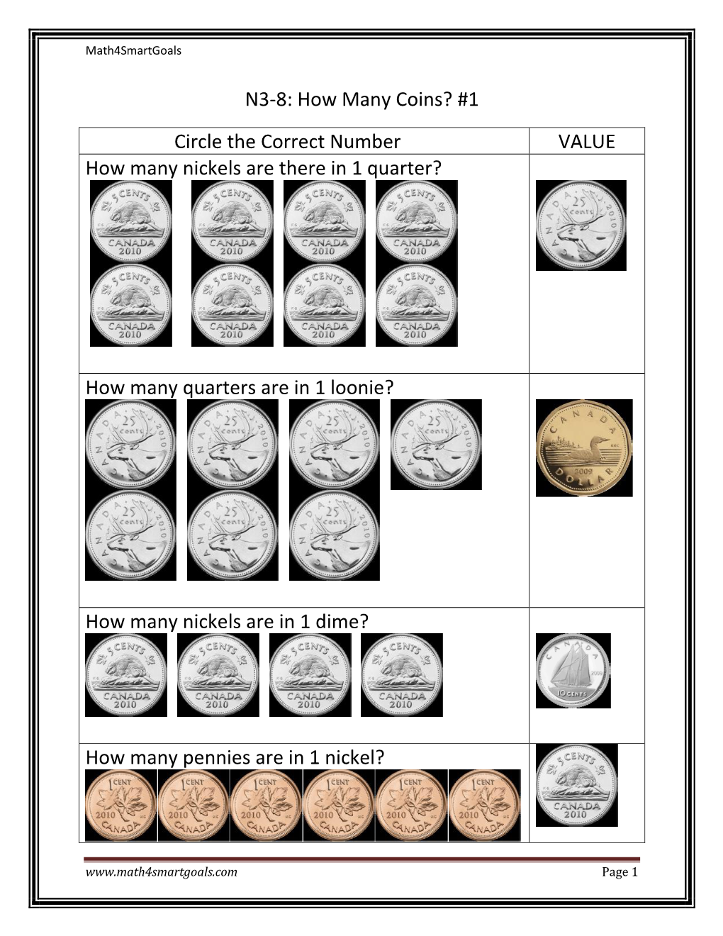 How Many Coins? #1 Circle the Correct Number VALUE How Many Nickels Are There in 1 Quarter?