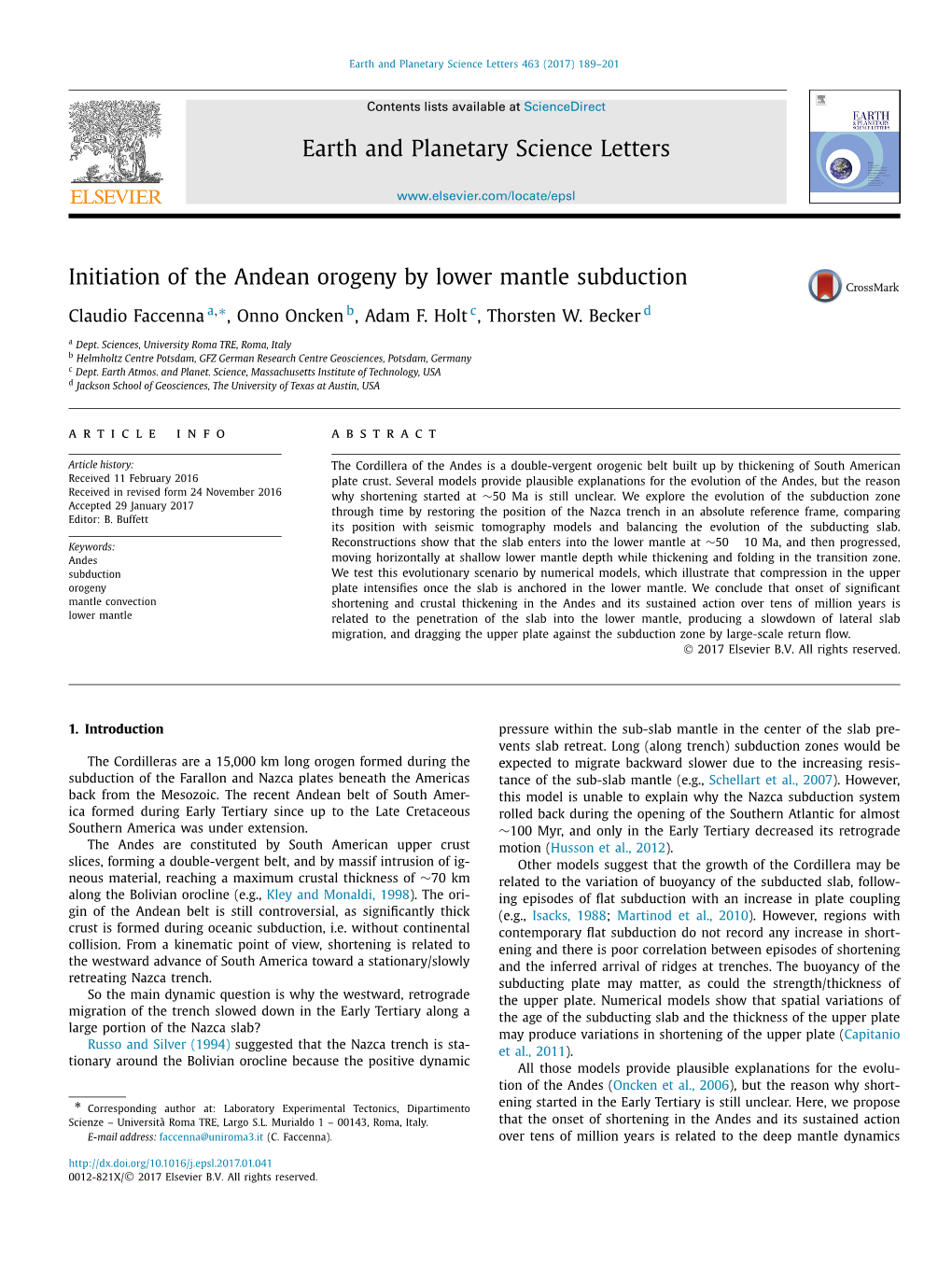 Initiation of the Andean Orogeny by Lower Mantle Subduction ∗ Claudio Faccenna A, , Onno Oncken B, Adam F