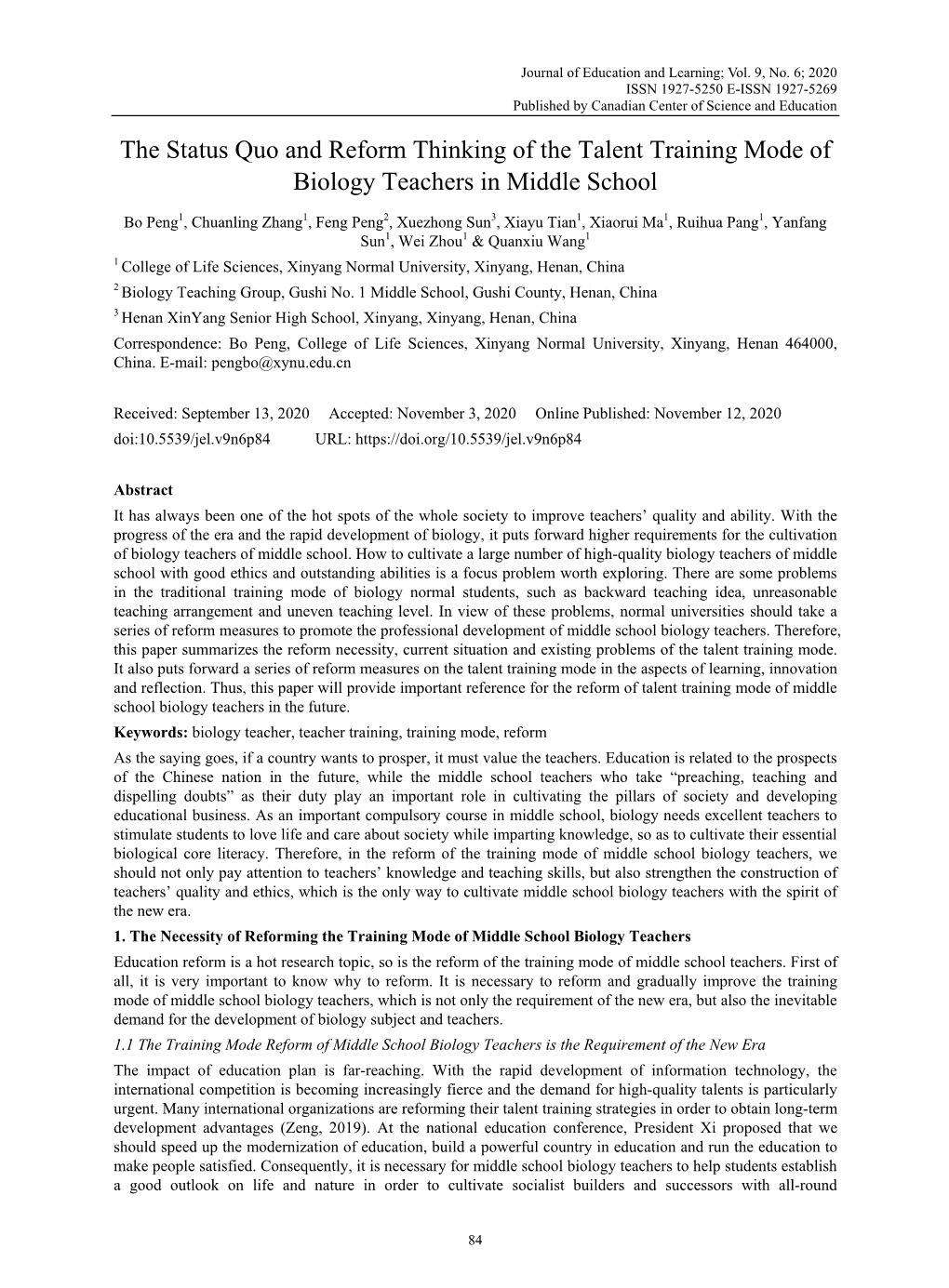 The Status Quo and Reform Thinking of the Talent Training Mode of Biology Teachers in Middle School