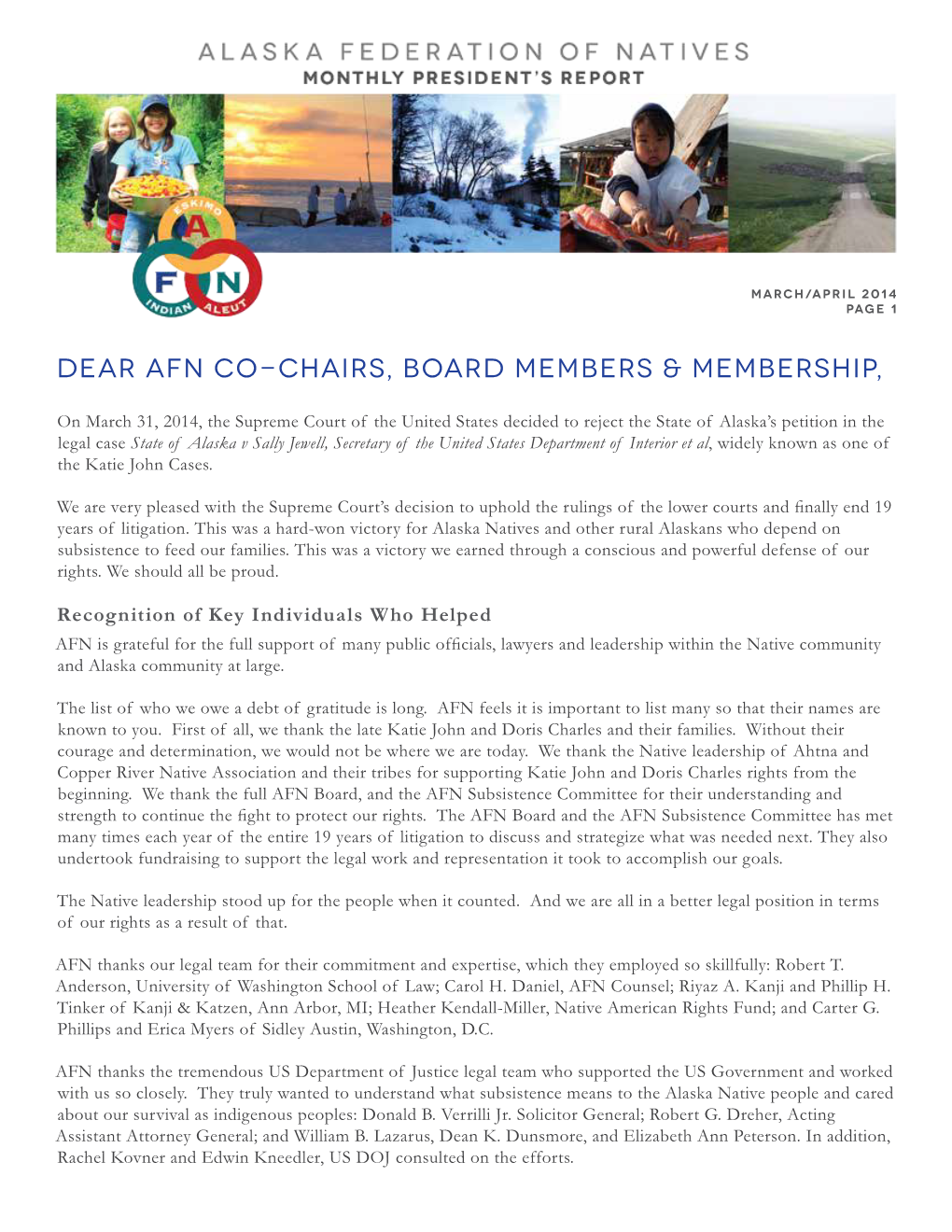Dear AFN Co-Chairs, Board Members & Membership