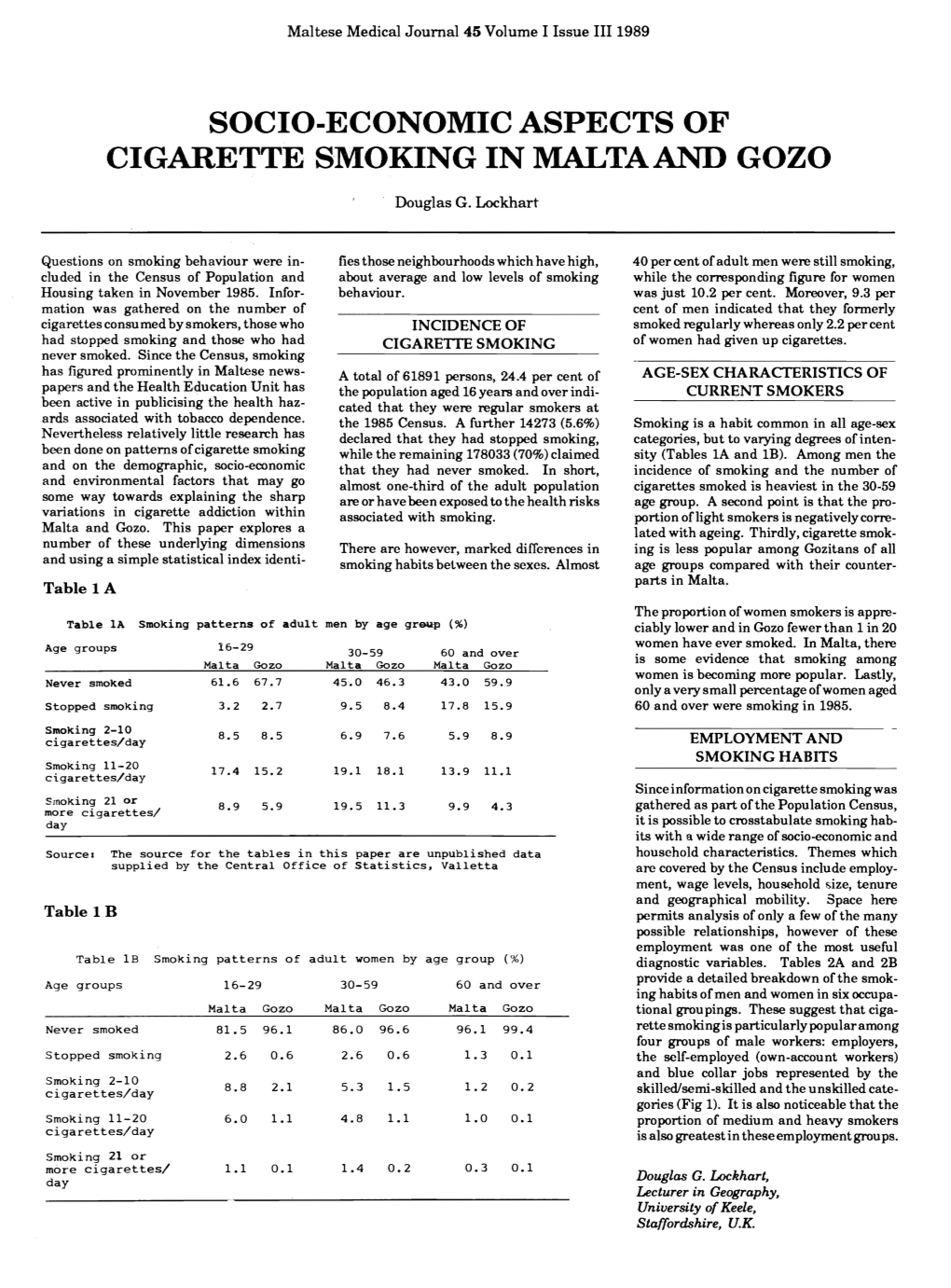 Socio-Economic Aspects of Cigarette Smoking in Maltaand Gozo