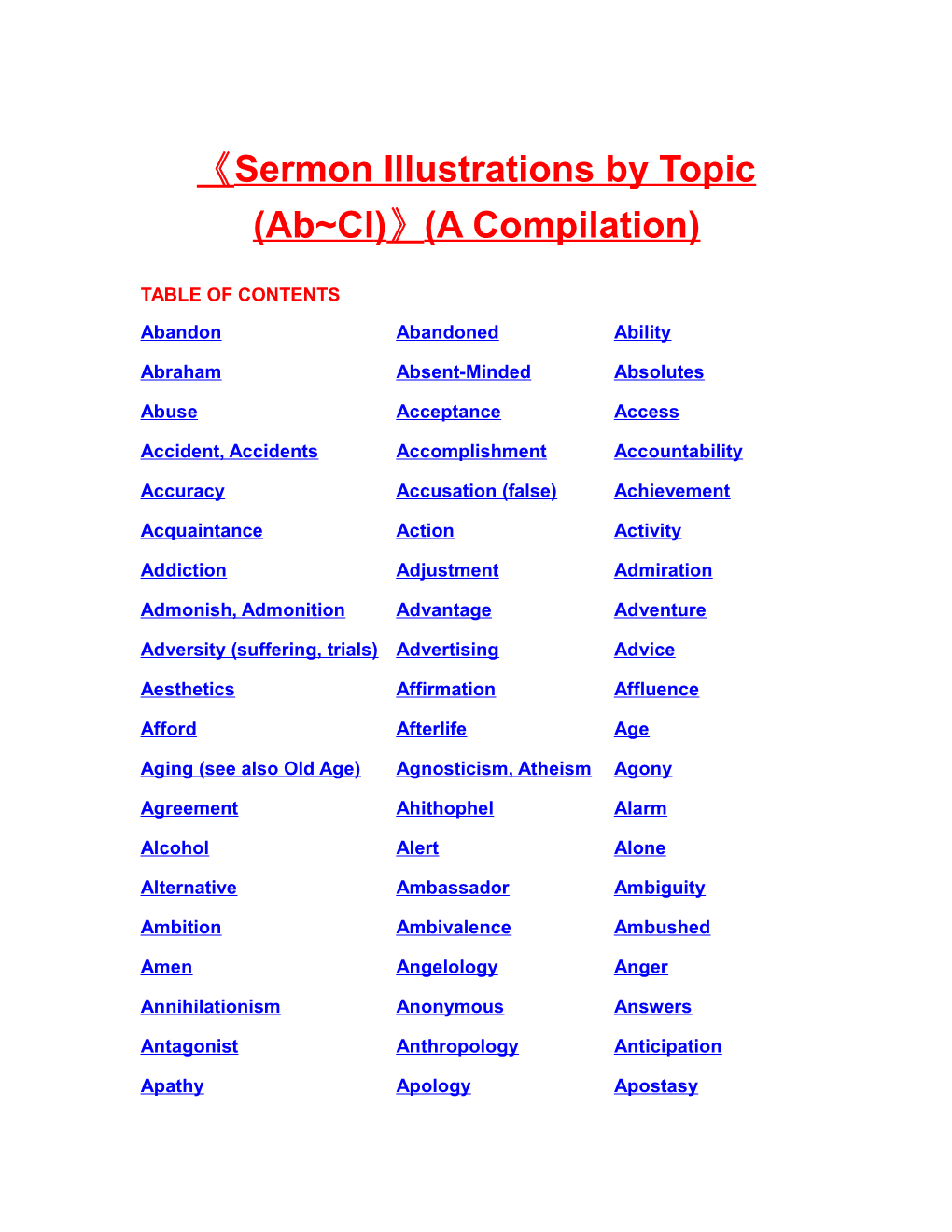 Sermon Illustrations by Topic (Ab Cl) (A Compilation)