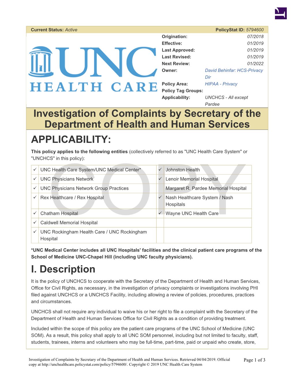 Investigation of Complaints by Secretary of the Department of Health and Human Services APPLICABILITY