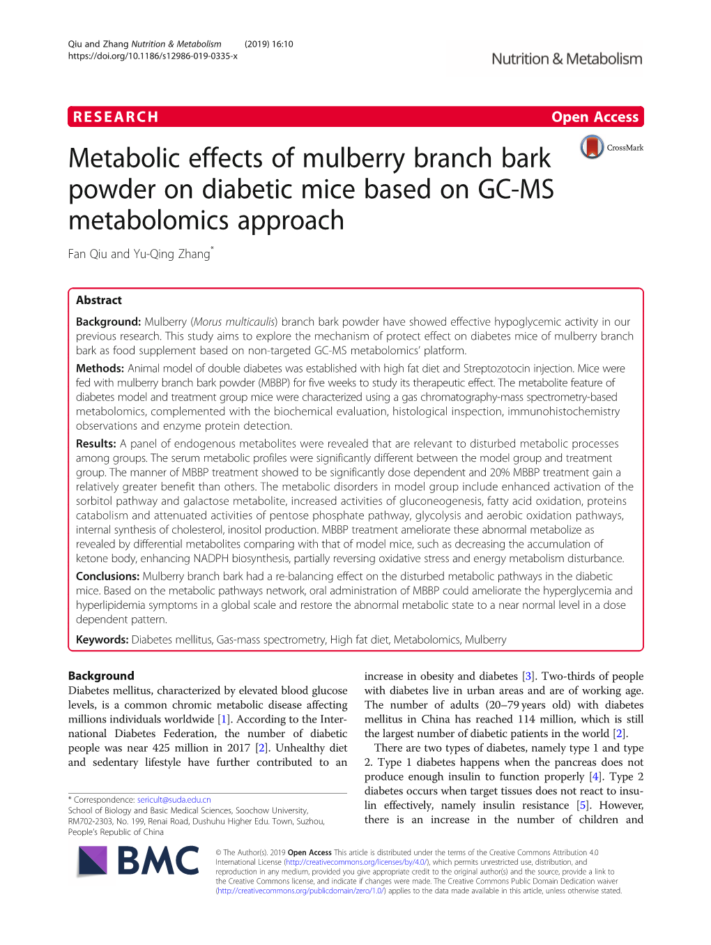 Metabolic Effects of Mulberry Branch Bark Powder on Diabetic Mice Based on GC-MS Metabolomics Approach Fan Qiu and Yu-Qing Zhang*