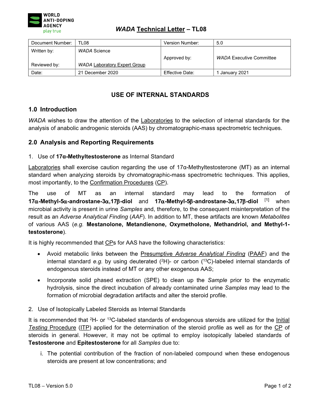 TL08 USE of INTERNAL STANDARDS 1.0 Introduction 2.0