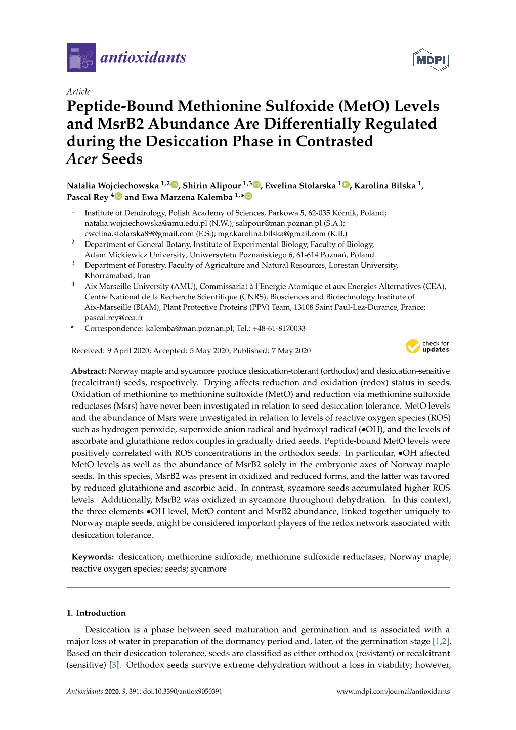 Peptide-Bound Methionine Sulfoxide (Meto) Levels and Msrb2 Abundance Are Diﬀerentially Regulated During the Desiccation Phase in Contrasted Acer Seeds