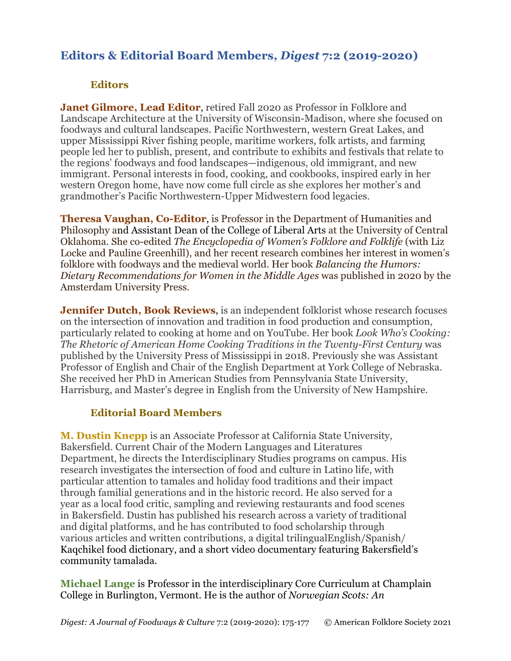 Editors & Editorial Board Members, Digest 7:2 (2019-2020)