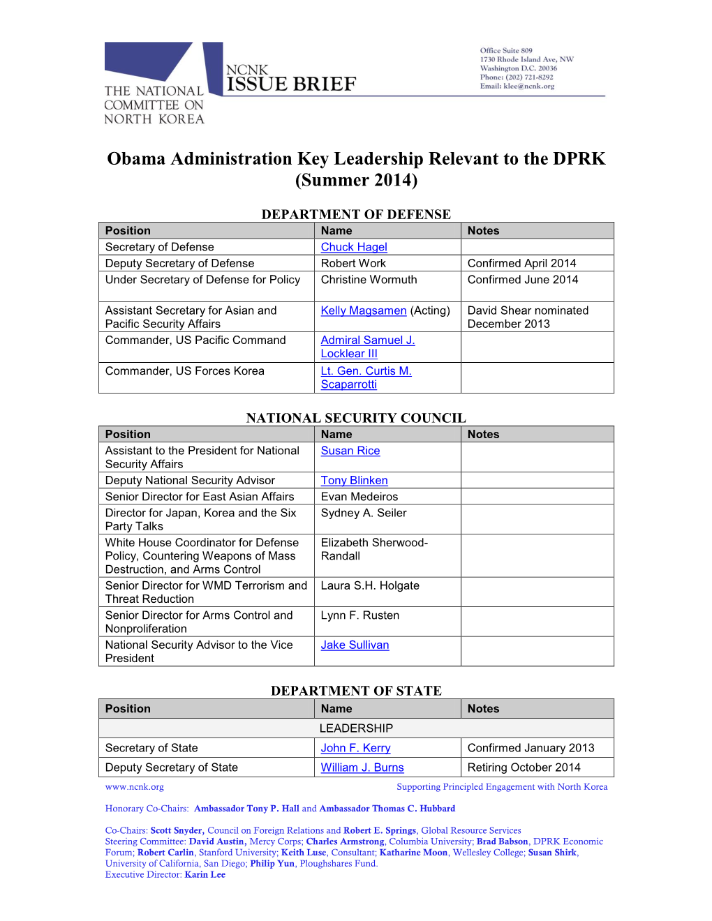 Obama Administration Key Leadership Relevant to the DPRK (Summer 2014)