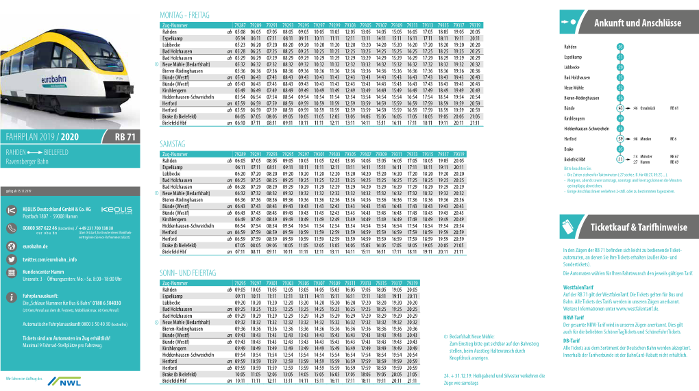 RB 71 FAHRPLAN 2019 / 2020 Ankunft Und Anschlüsse Ticketkauf