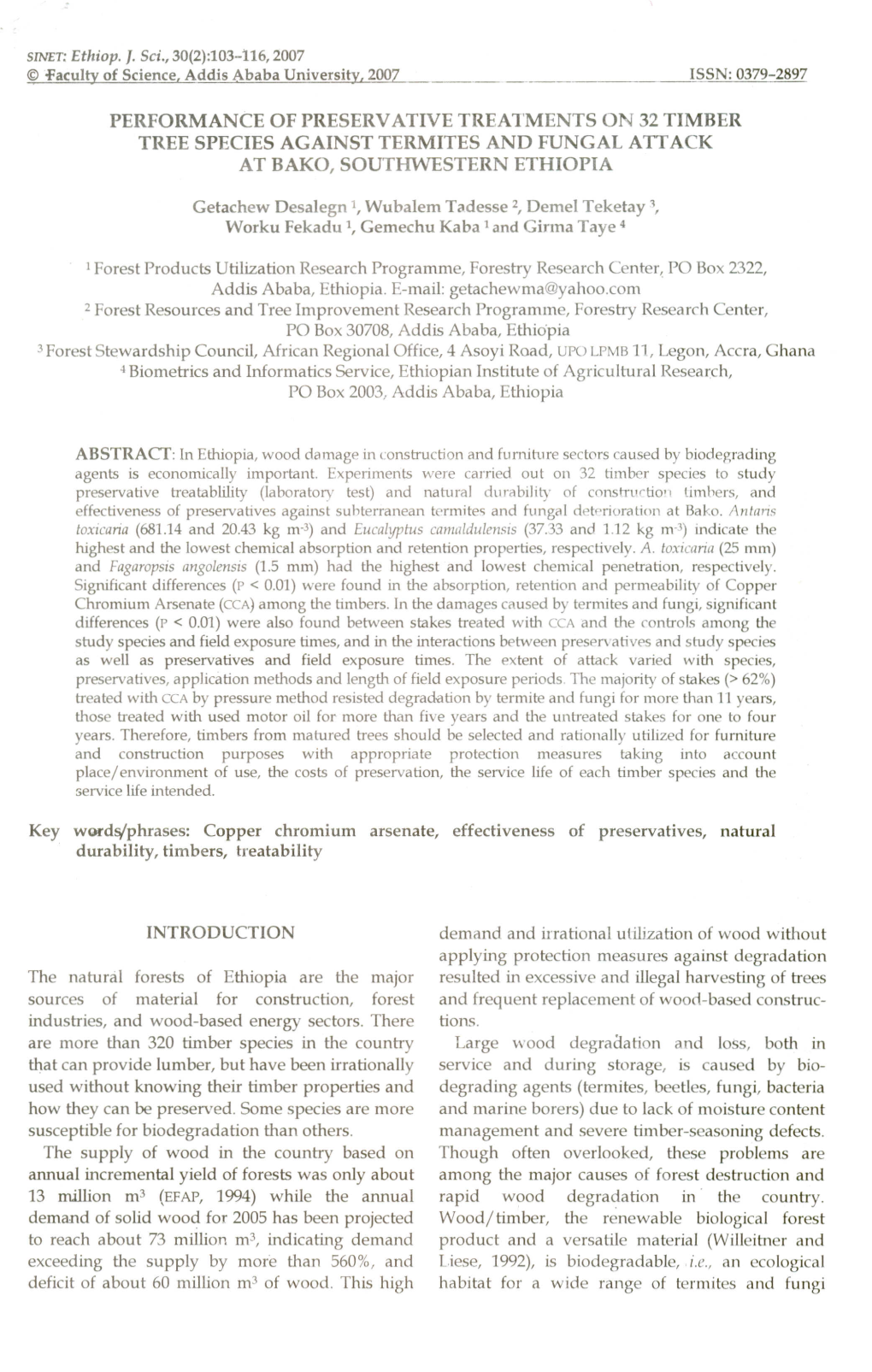 Performance of Preservative Treatments on 32 Timber Tree Species Against Termites and Fungal Ait Ack at Bako, Southwestern Ethiopia