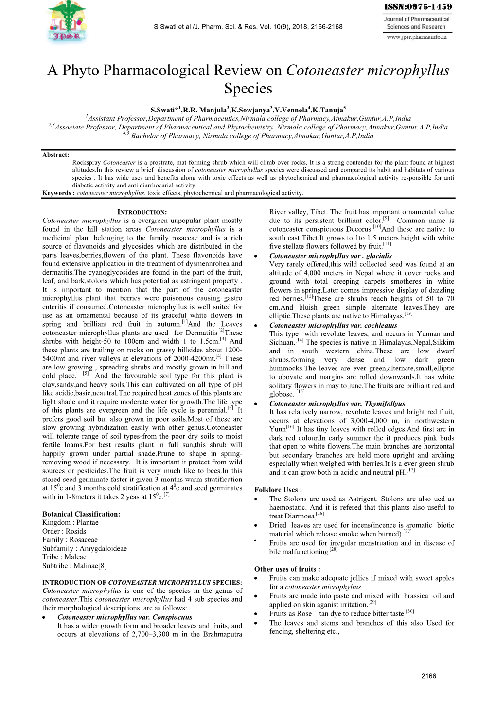 A Phyto Pharmacological Review on Cotoneaster Microphyllus Species