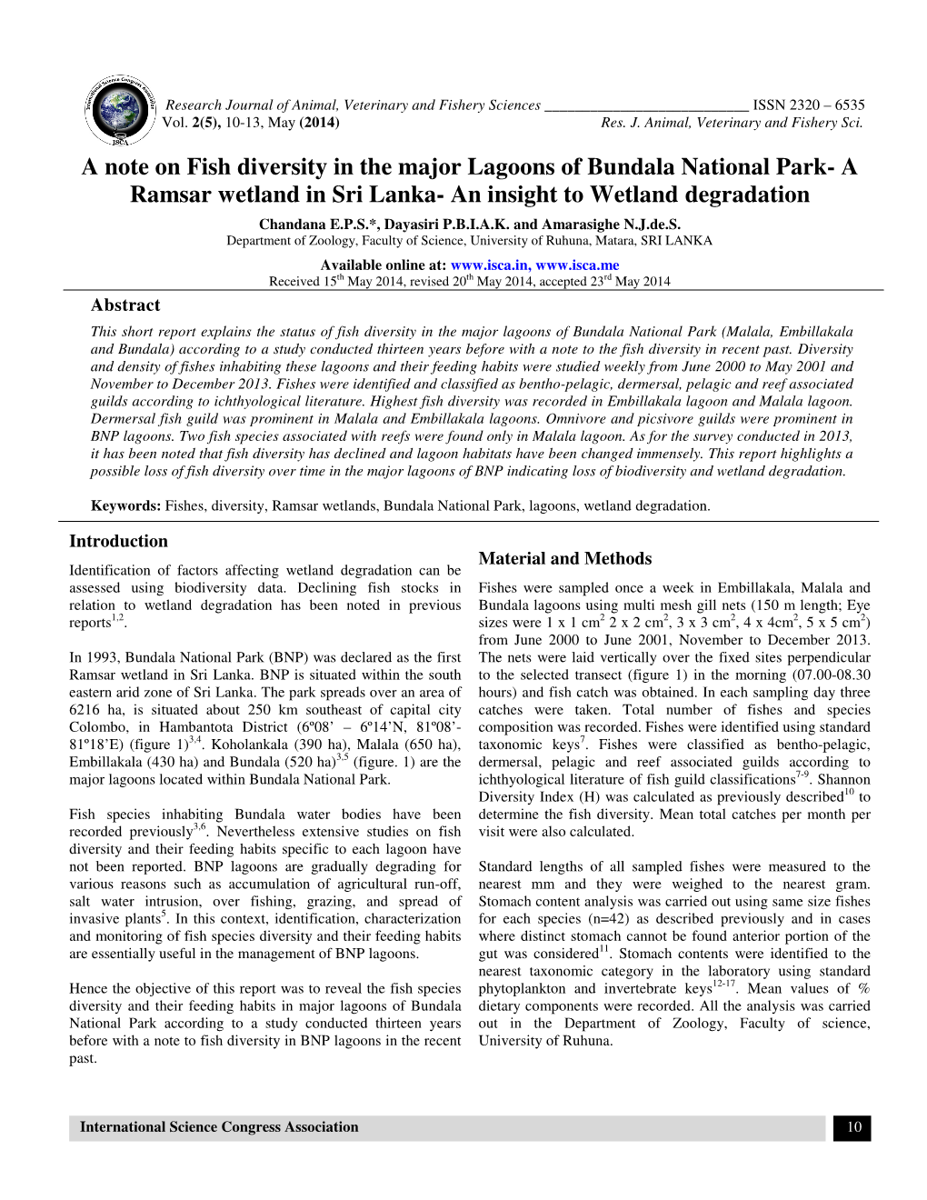 A Note on Fish Diversity in the Major Lagoons of Bundala National Park