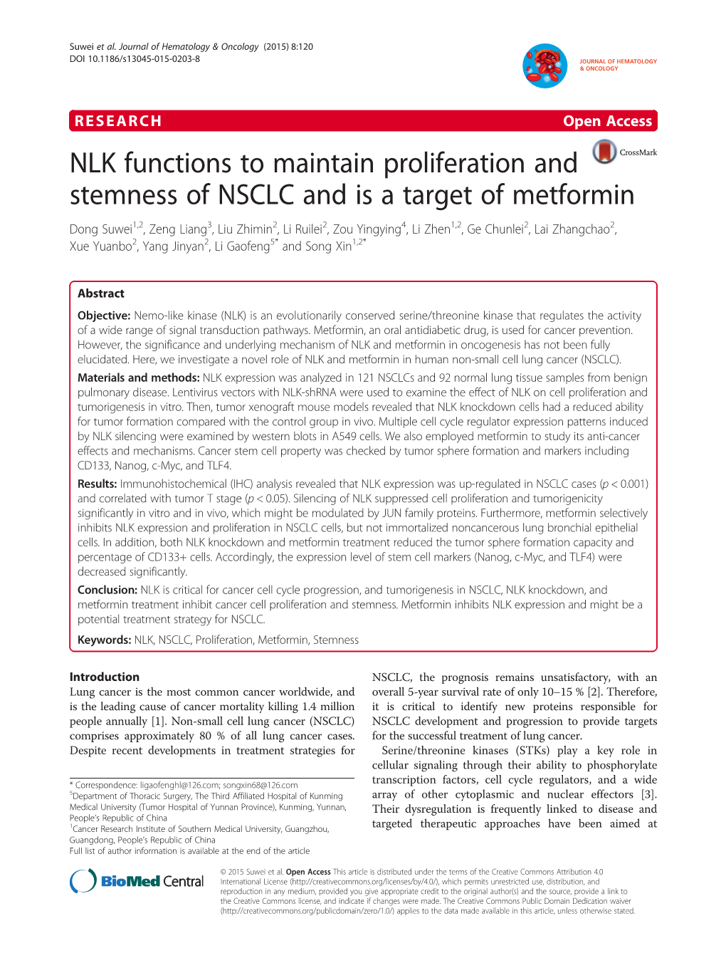 NLK Functions to Maintain Proliferation and Stemness of NSCLC and Is A