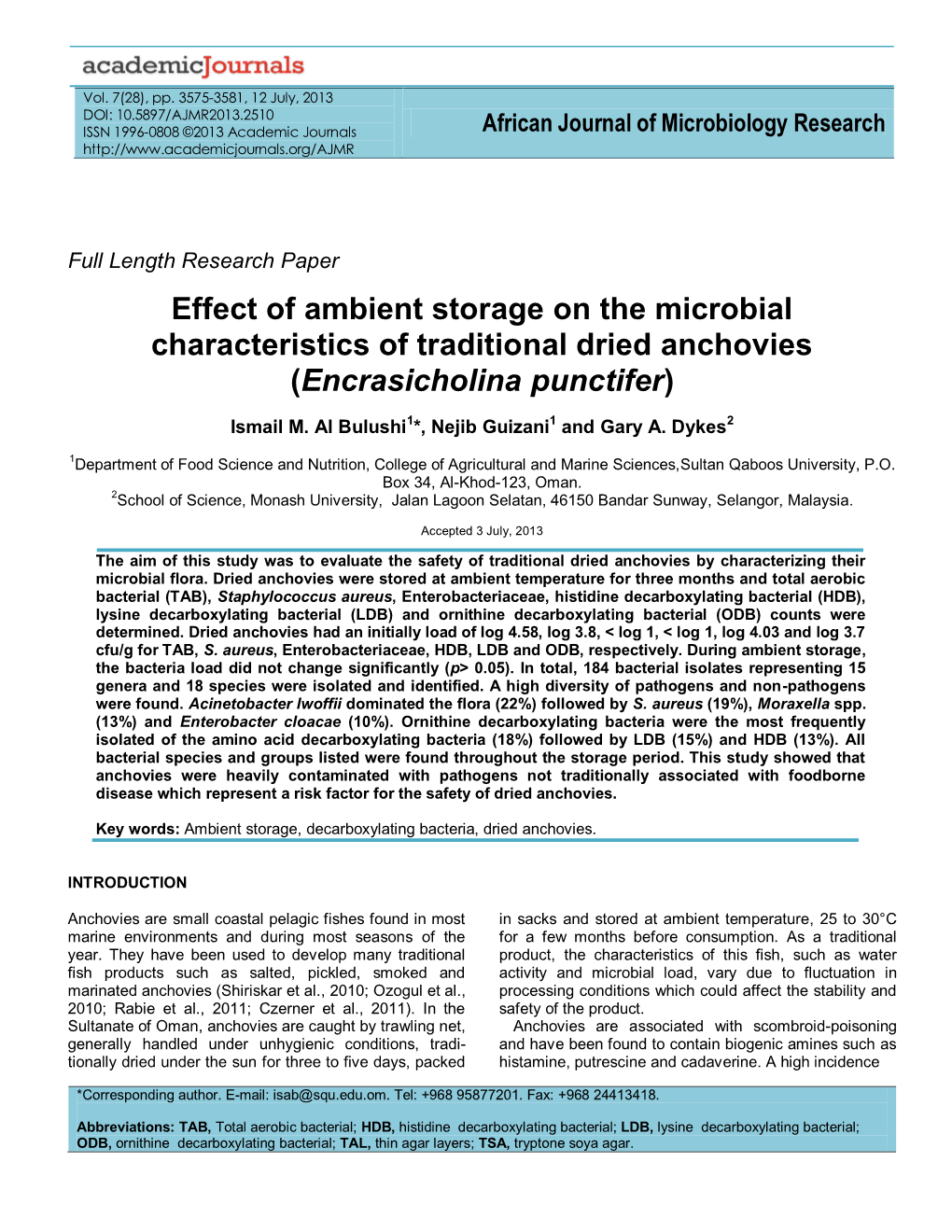 Effect of Ambient Storage on the Microbial Characteristics of Traditional Dried Anchovies (Encrasicholina Punctifer)