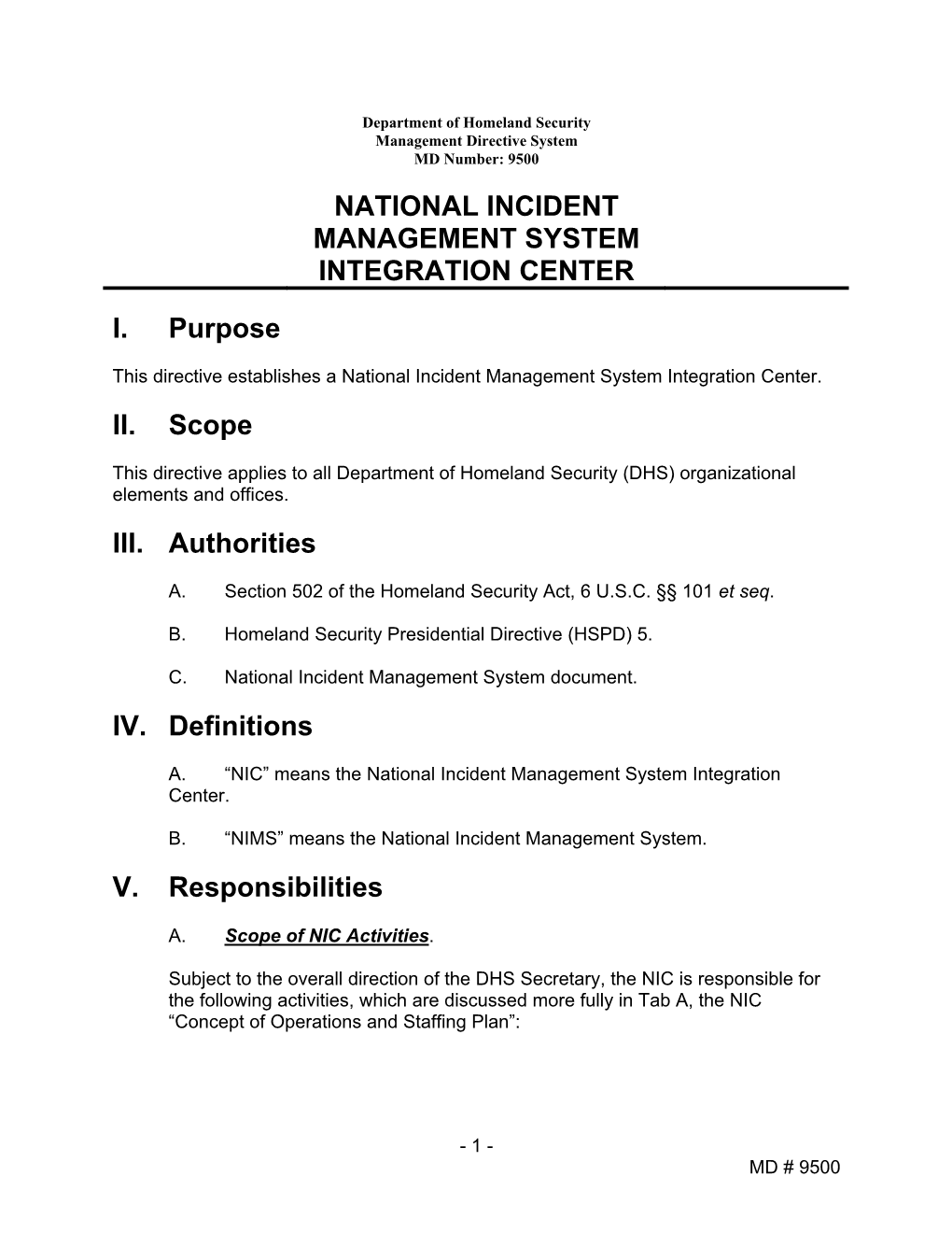 US Department of Homeland Security, Directive 9500, National