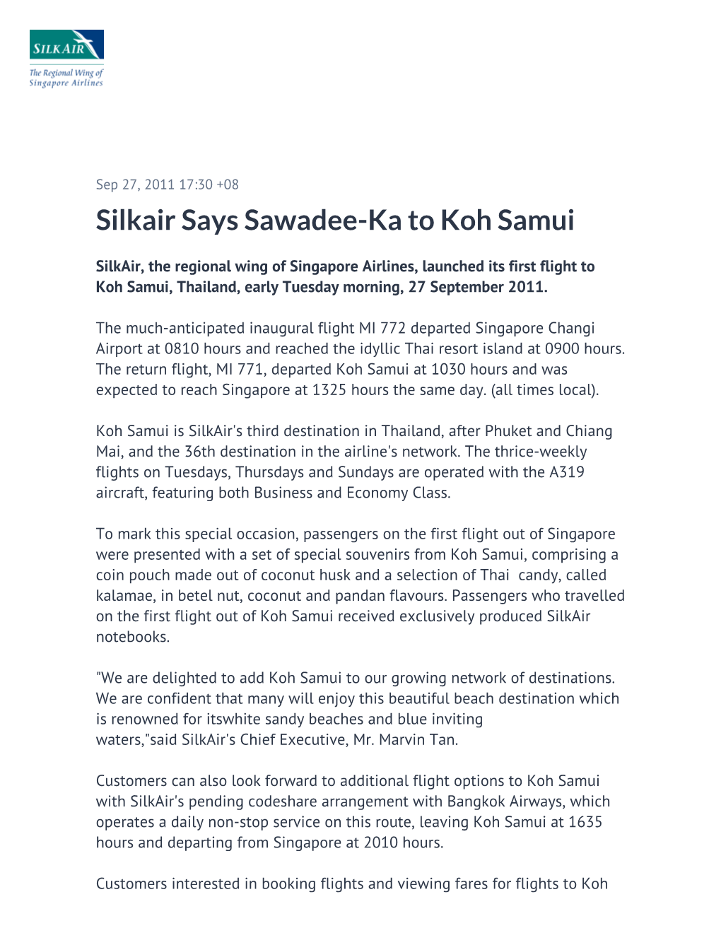 Silkair Says Sawadee-Ka to Koh Samui