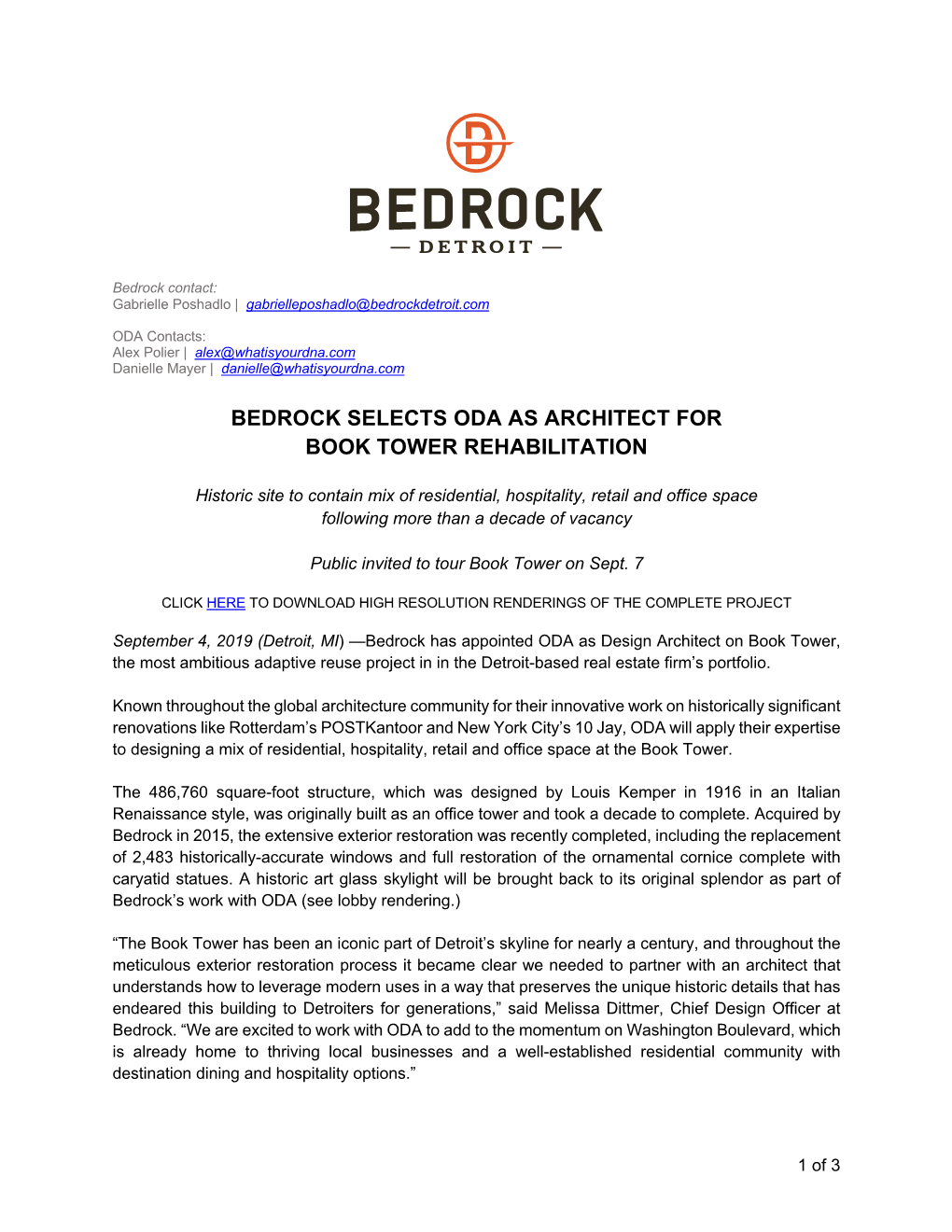 Bedrock Selects Oda As Architect for Book Tower Rehabilitation