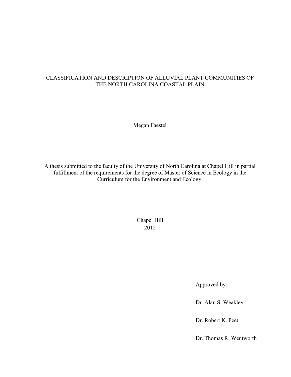 Classification and Description of Alluvial Plant Communities of the North Carolina Coastal Plain