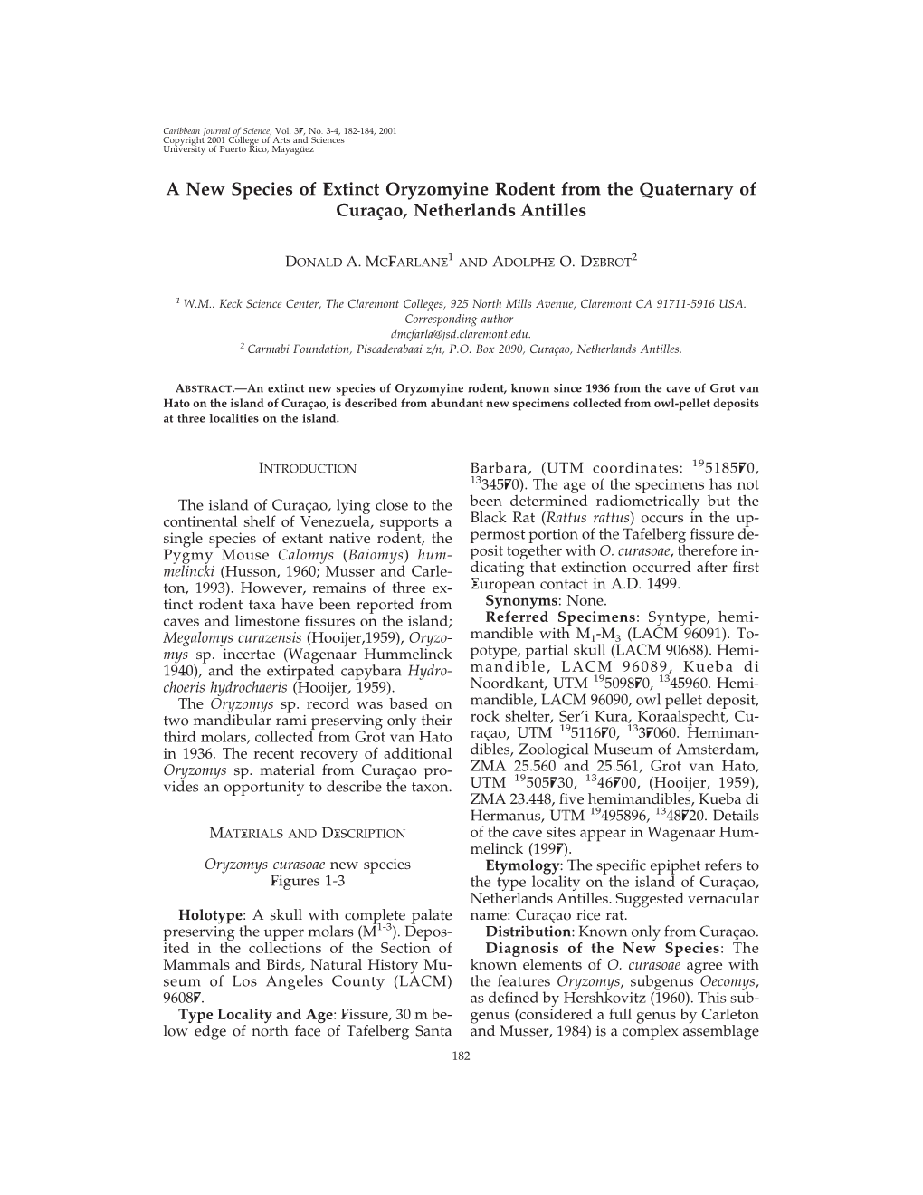 A New Species of Extinct Oryzomyine Rodent from the Quaternary of Curaçao, Netherlands Antilles