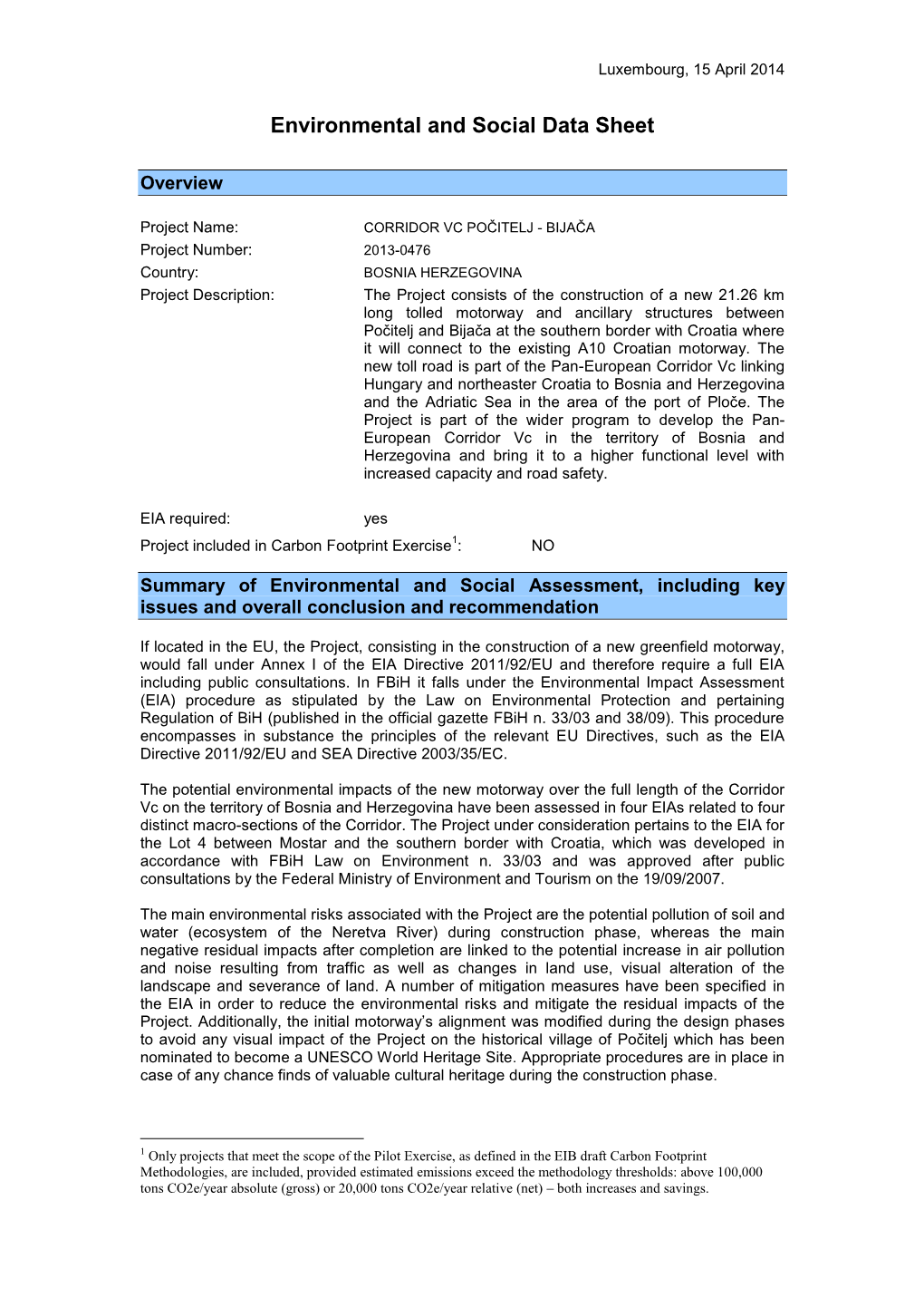 Environmental and Social Data Sheet