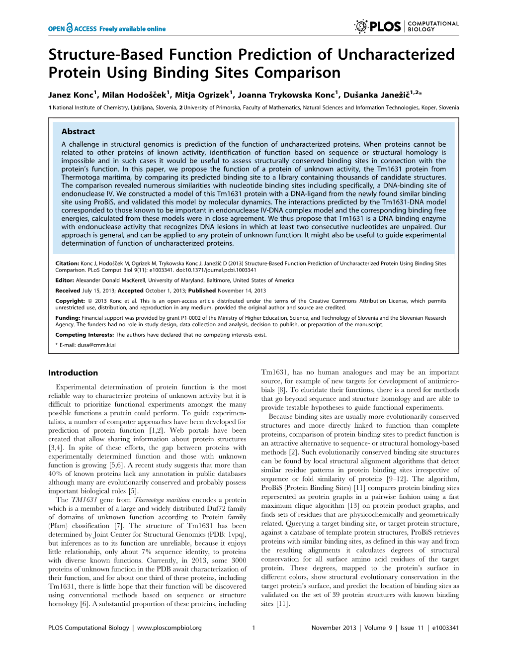 Structure-Based Function Prediction of Uncharacterized Protein Using Binding Sites Comparison