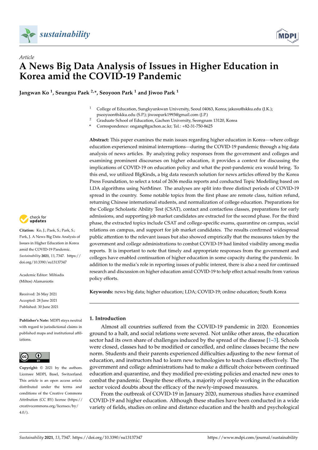 A News Big Data Analysis of Issues in Higher Education in Korea Amid the COVID-19 Pandemic