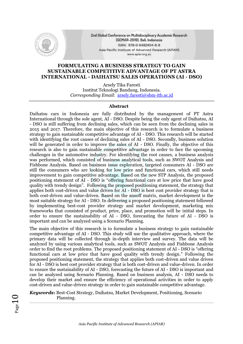 Formulating a Business Strategy to Gain Sustainable Competitive Advantage of Pt Astra International - Daihatsu Sales Operations (Ai - Dso)