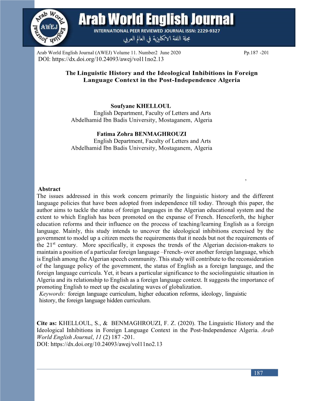 The Linguistic History and the Ideological Inhibitions in Foreign Language Context in the Post-Independence Algeria