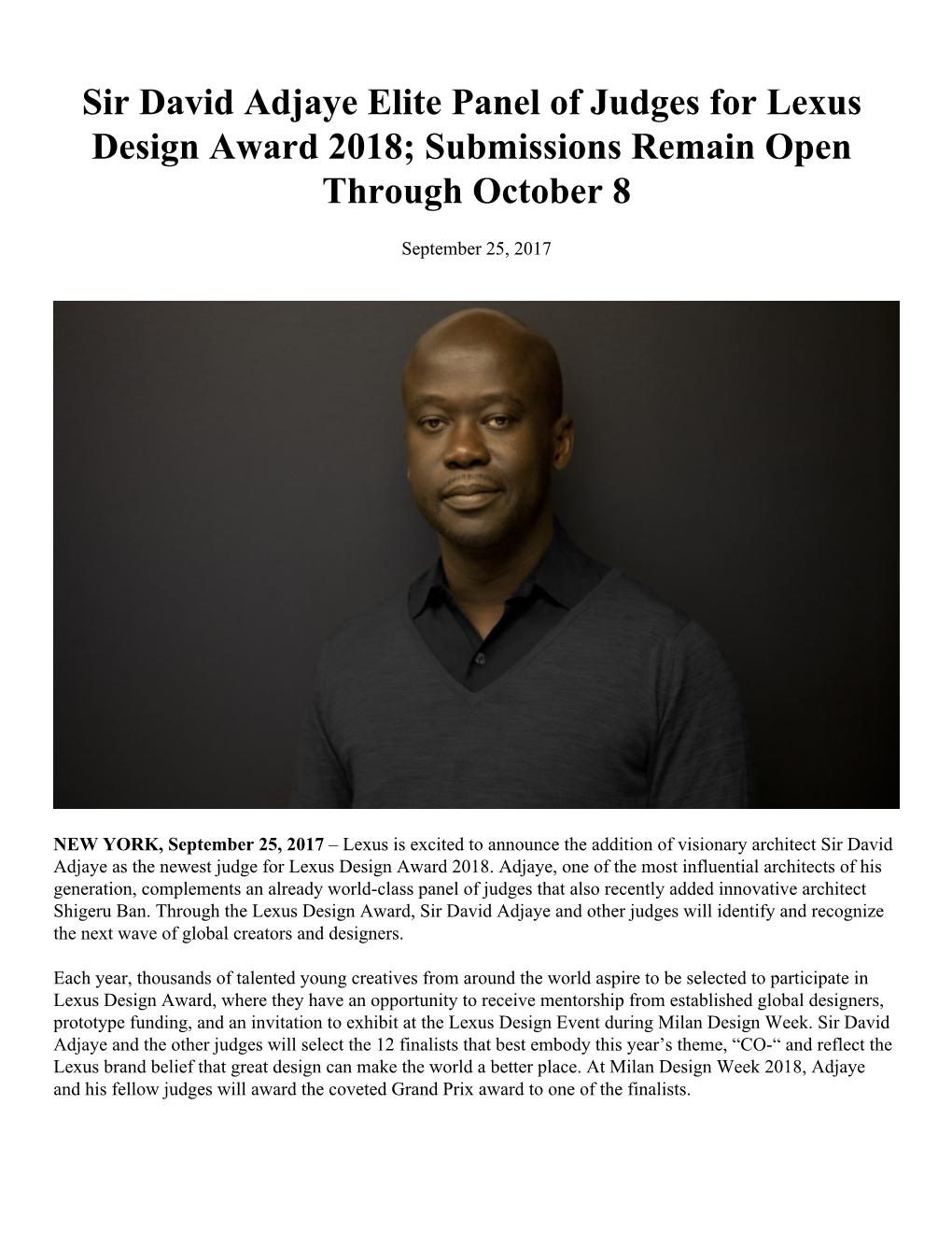 Sir David Adjaye Elite Panel of Judges for Lexus Design Award 2018; Submissions Remain Open Through October 8