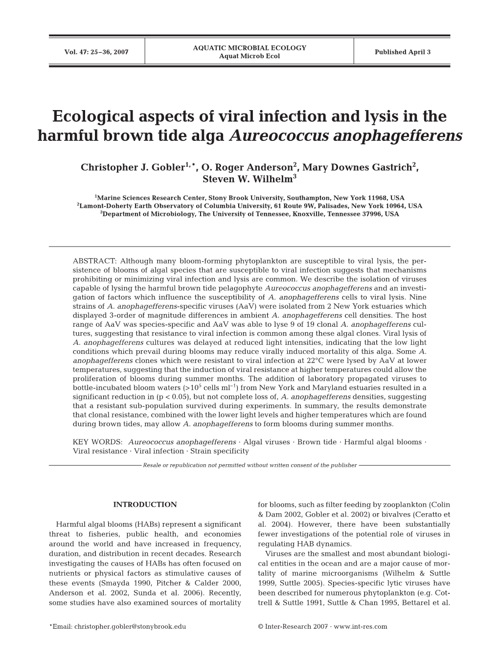 Ecological Aspects of Viral Infection and Lysis in the Harmful Brown Tide Alga Aureococcus Anophagefferens