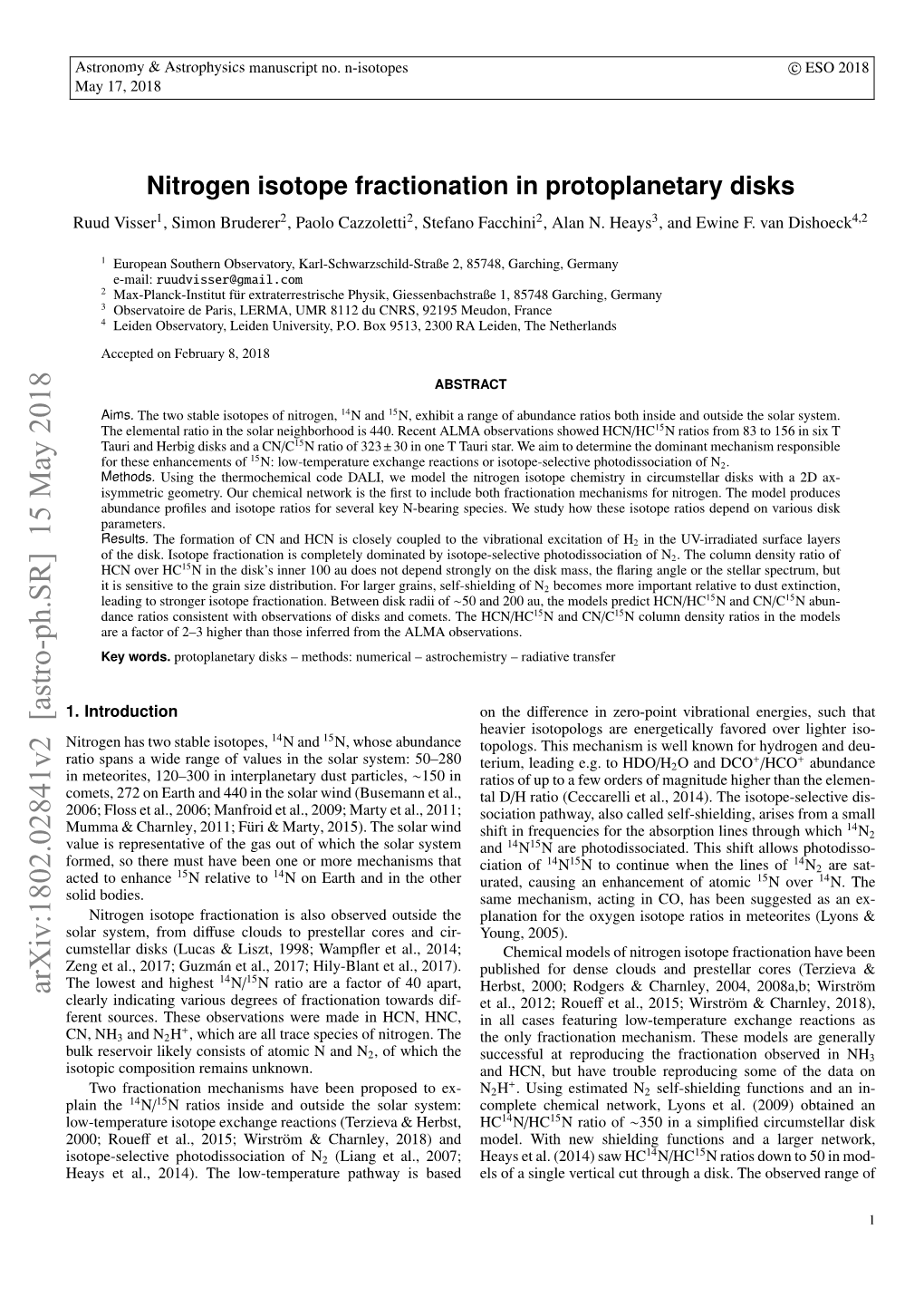 Nitrogen Isotope Fractionation in Protoplanetary Disks Ruud Visser1, Simon Bruderer2, Paolo Cazzoletti2, Stefano Facchini2, Alan N