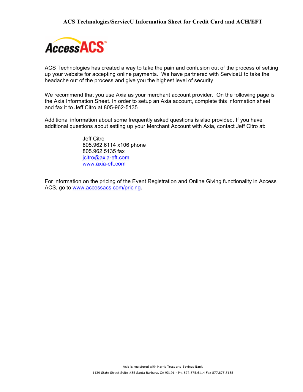 ACS Technologies/Serviceu Information Sheet for Credit Card and ACH/EFT