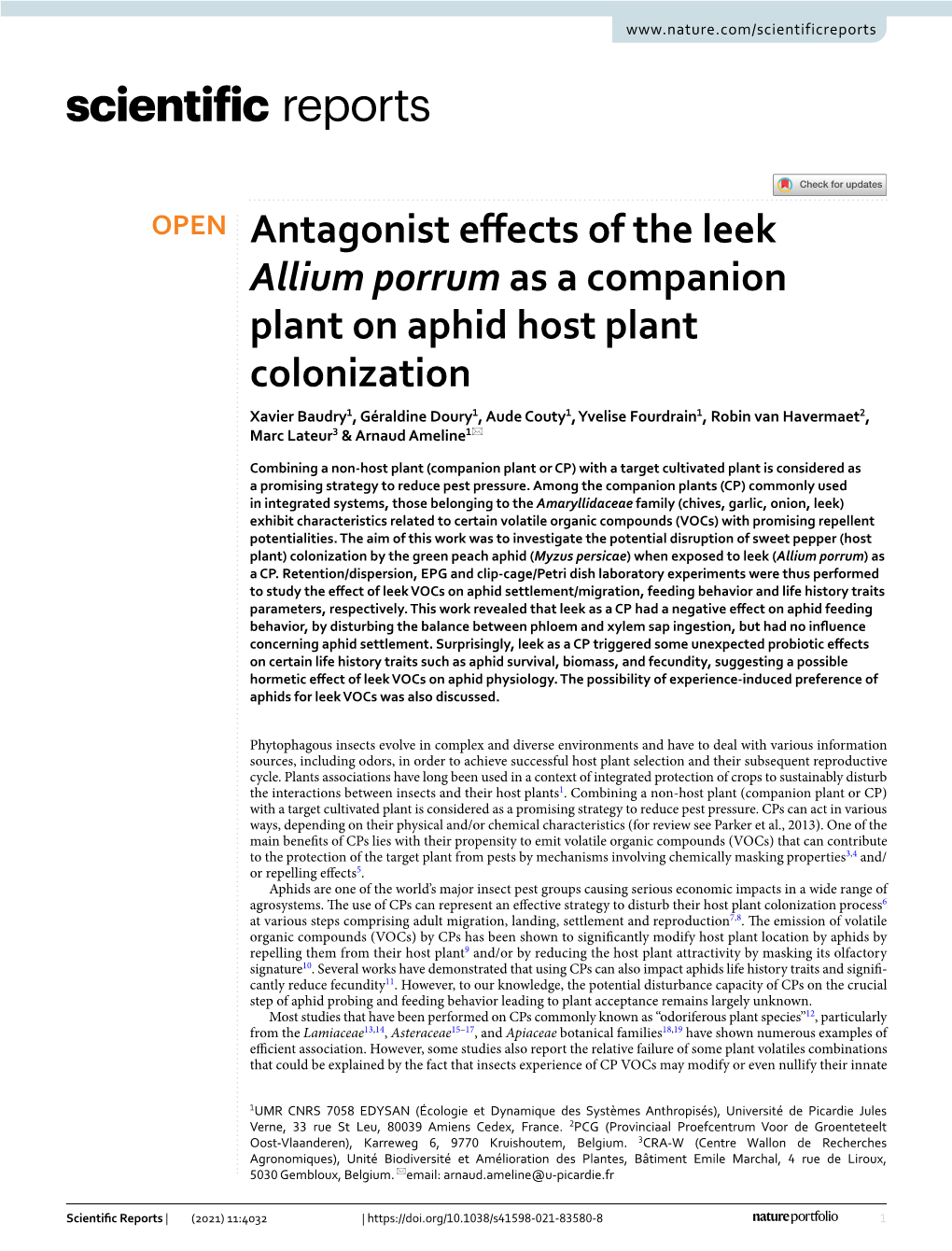 Antagonist Effects of the Leek Allium Porrum As a Companion Plant on Aphid Host Plant Colonization
