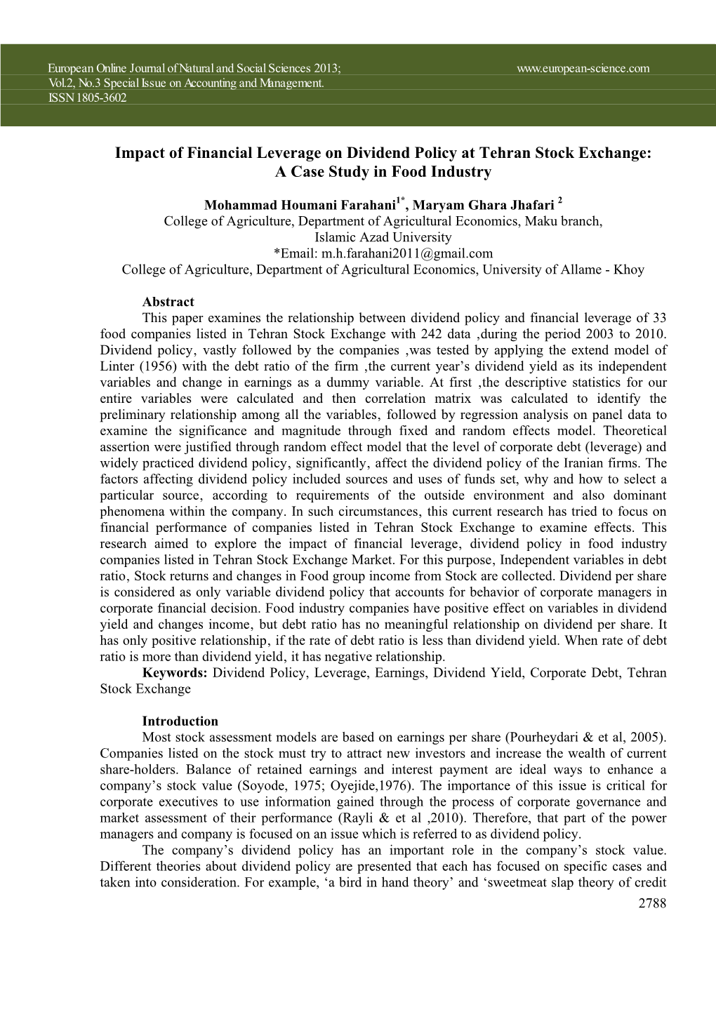 Impact of Financial Leverage on Dividend Policy at Tehran Stock Exchange: a Case Study in Food Industry