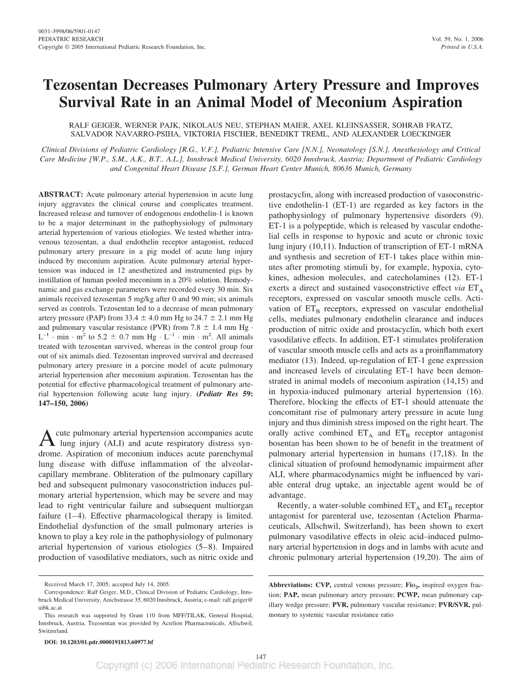 Tezosentan Decreases Pulmonary Artery Pressure and Improves Survival Rate in an Animal Model of Meconium Aspiration