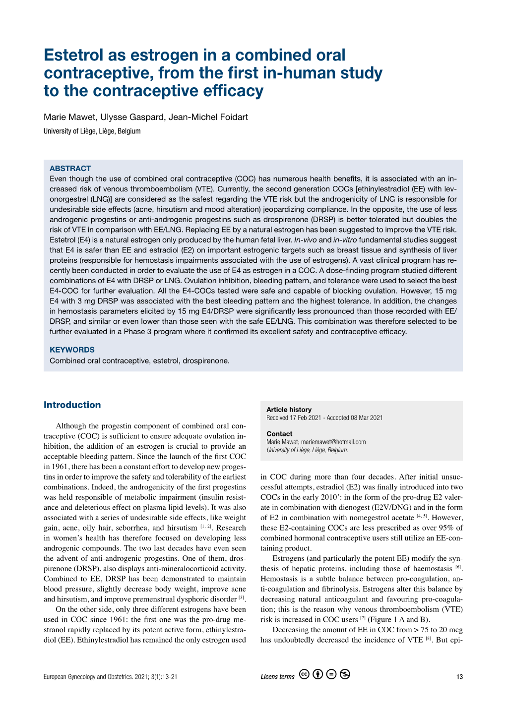 Estetrol As Estrogen in a Combined Oral Contraceptive, from the First In-Human Study to the Contraceptive Efficacy