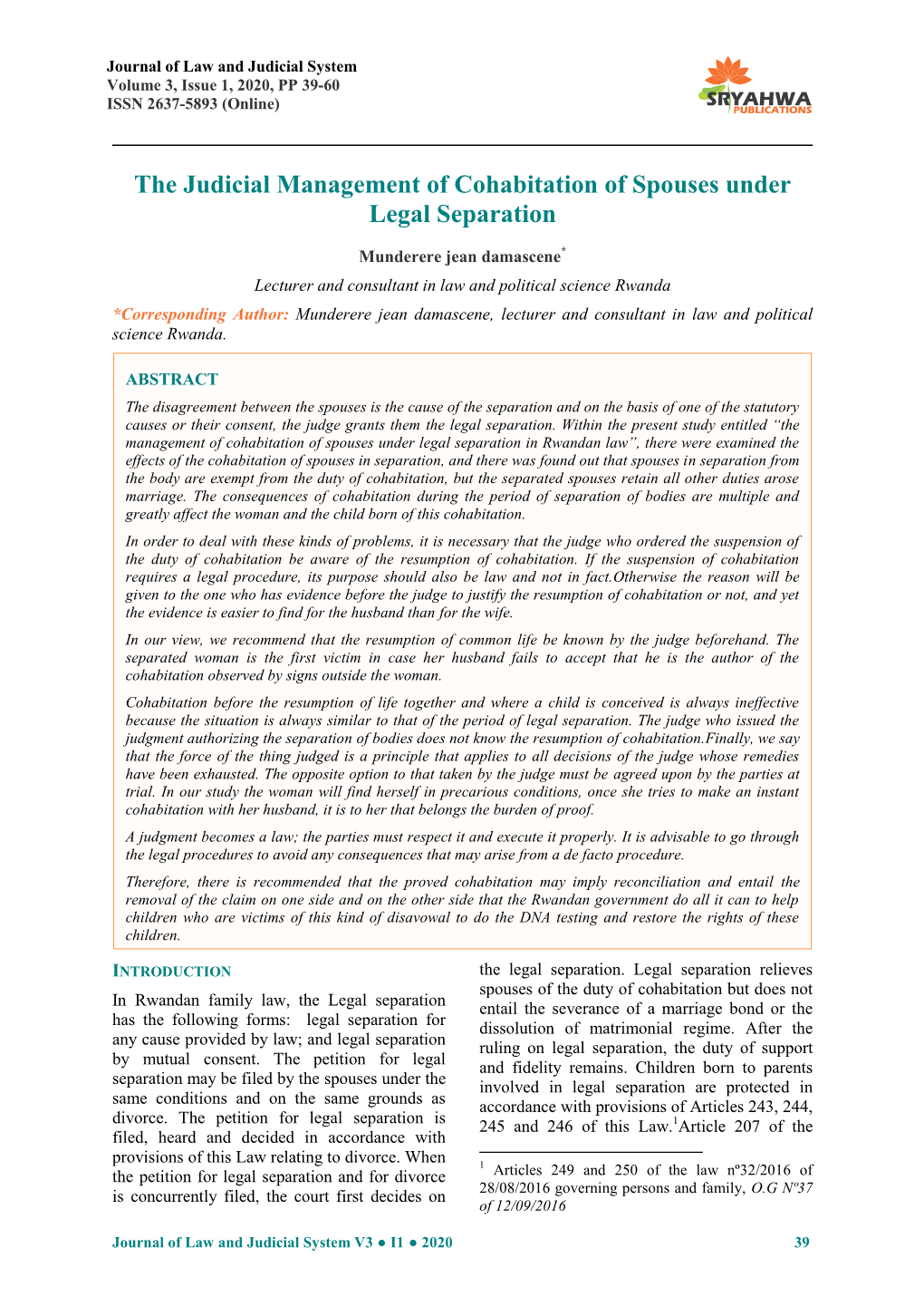 The Judicial Management of Cohabitation of Spouses Under Legal Separation