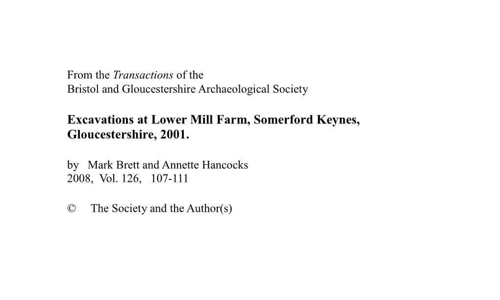 Excavations at Lower Mill Farm, Somerford Keynes, Gloucestershire, 2001