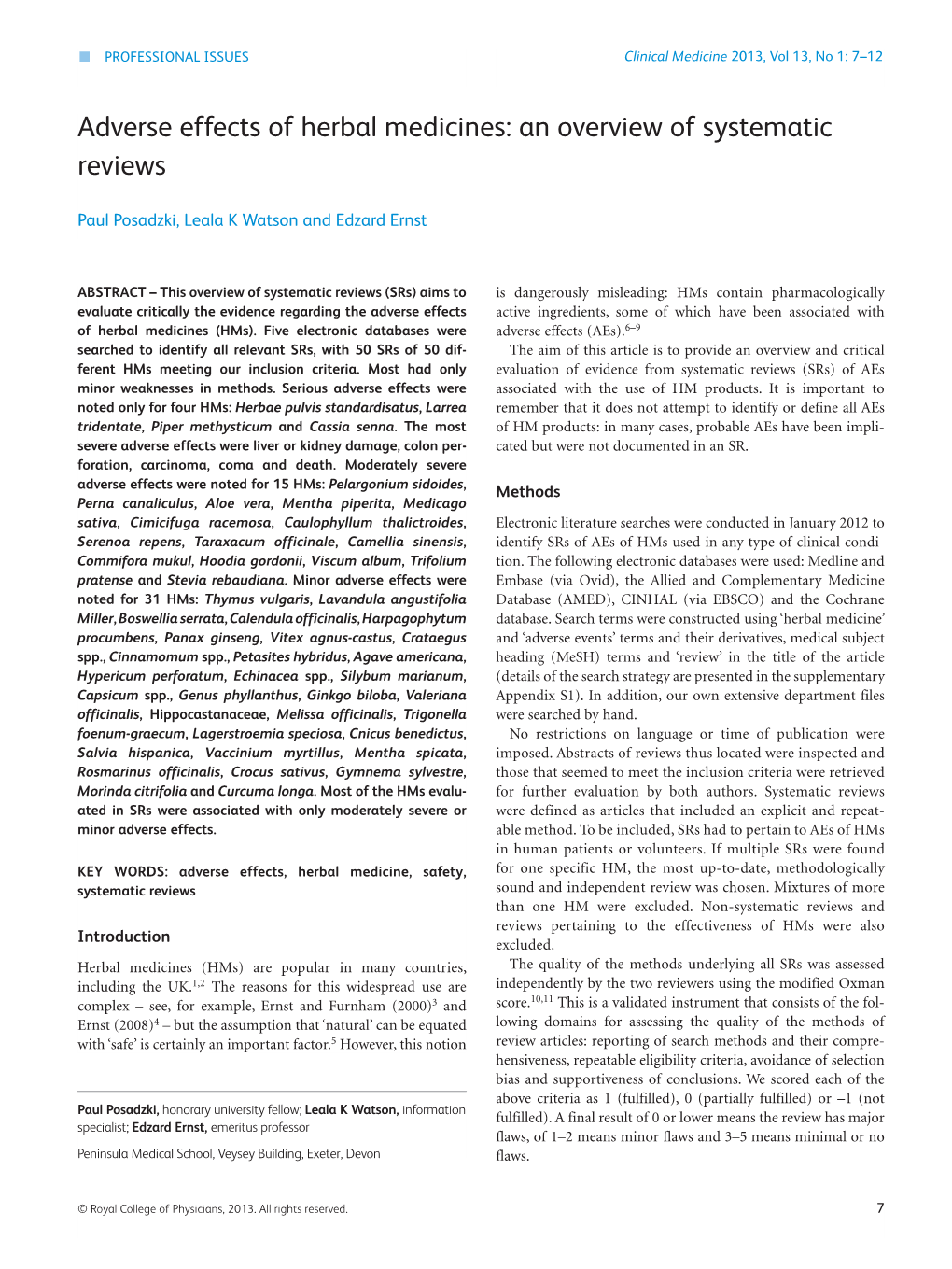 Adverse Effects of Herbal Medicines: an Overview of Systematic Reviews