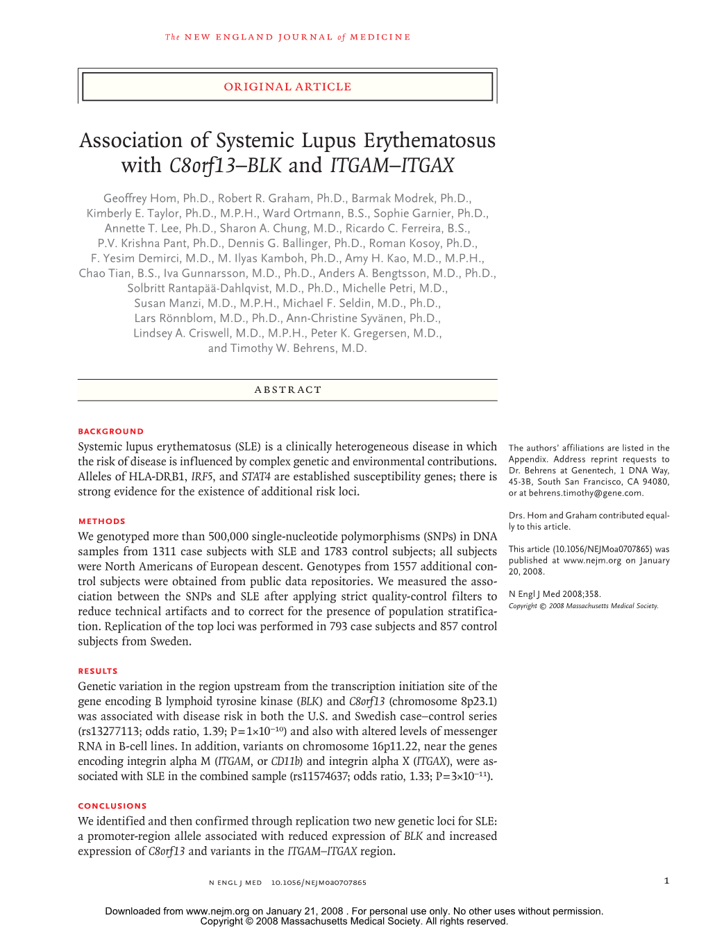 Association of Systemic Lupus Erythematosus with C8orf13–BLK and ITGAM–ITGAX