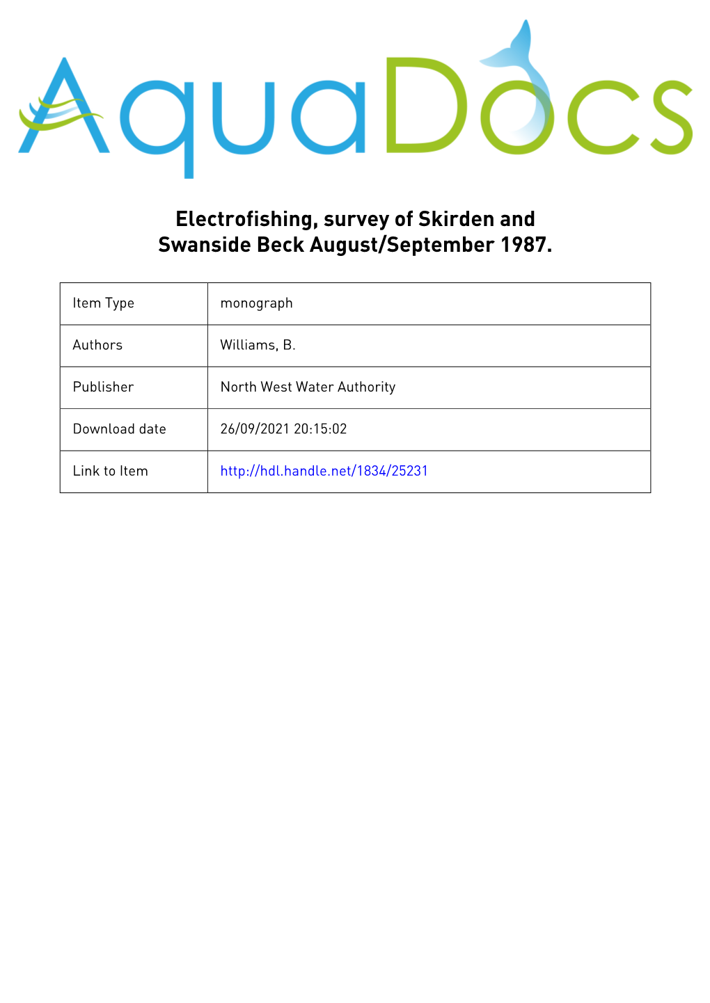 Subject Electrofishing, Survey of Skirden and Swanside Beck August/September 1987