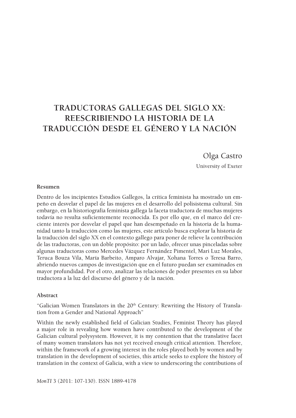 Traductoras Gallegas Del Siglo XX: Reescribiendo La Historia De La Traducción Desde El Género Y La Nación