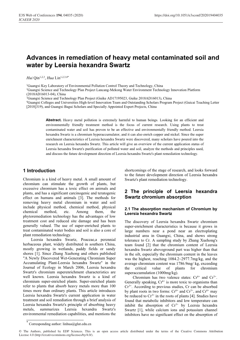 Advances in Remediation of Heavy Metal Contaminated Soil and Water by Leersia Hexandra Swartz