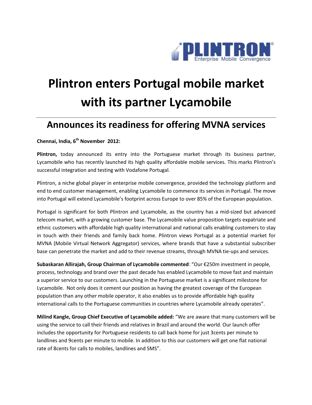 Plintron Enters Portugal Mobile Market with Its Partner Lycamobile