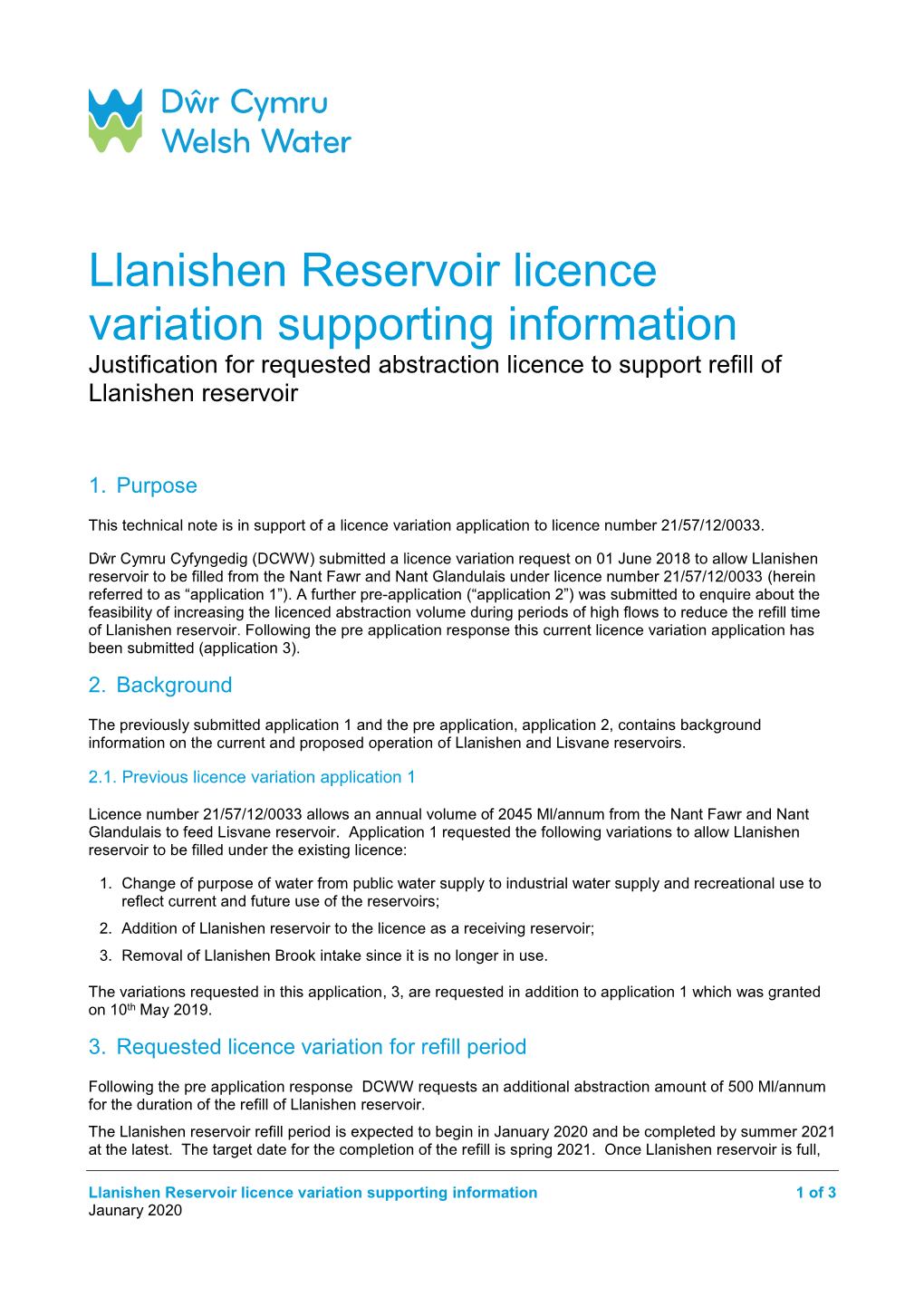 Llanishen Reservoir Licence Variation Supporting Information Justification for Requested Abstraction Licence to Support Refill of Llanishen Reservoir
